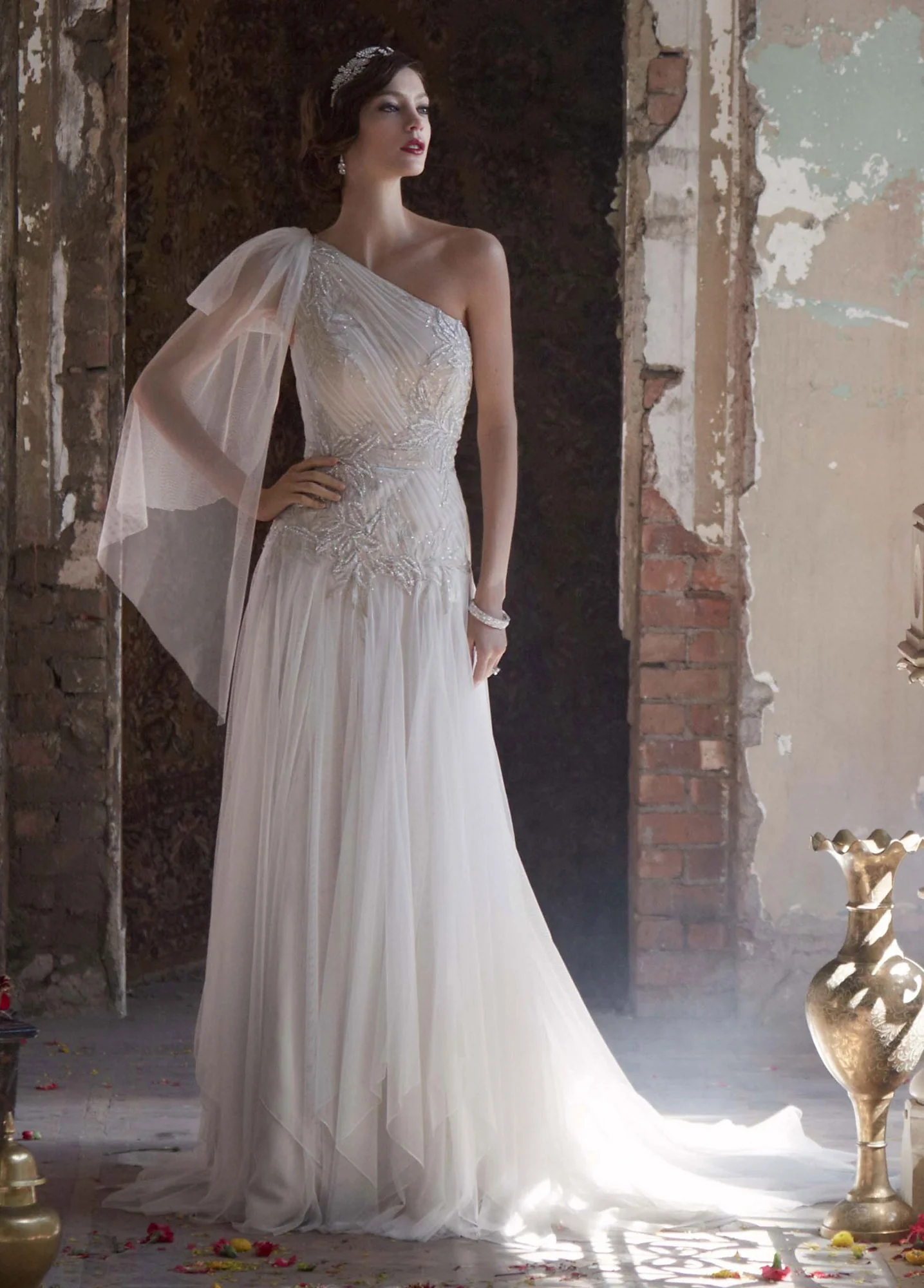 One Shoulder Gown with Handkerchief Hemline
