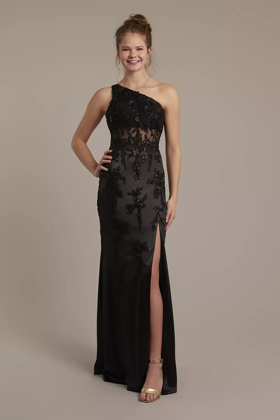 One-Shoulder Illusion Corset Applique Sheath - Image 2