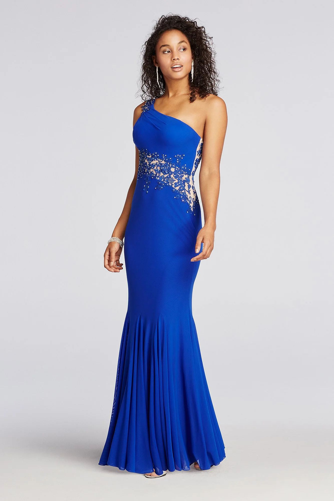 One Shoulder Jersey Beaded Illusion Prom Dress