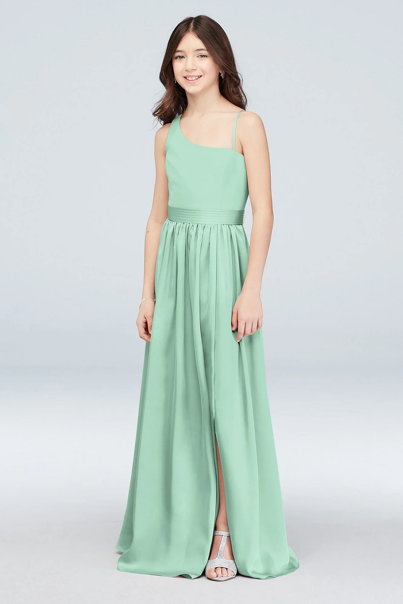One Shoulder Junior Bridesmaid Dress with Sash - Image 21