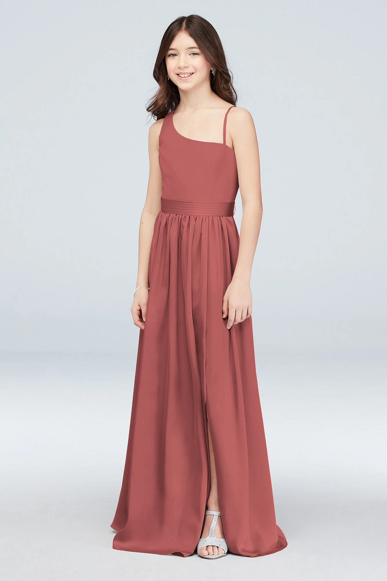 One Shoulder Junior Bridesmaid Dress with Sash - Image 36
