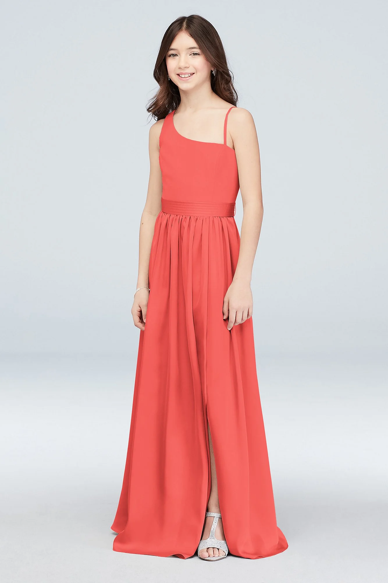 One Shoulder Junior Bridesmaid Dress with Sash - Image 40