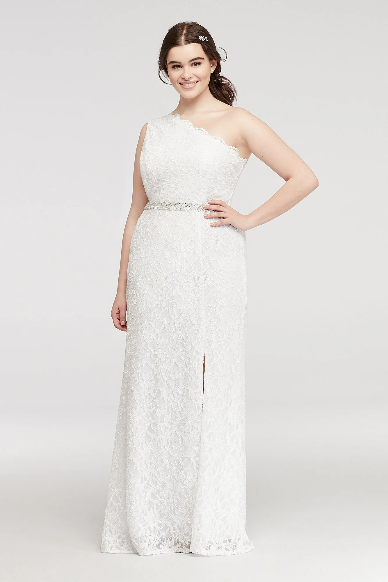One Shoulder Lace Prom Dress with Beaded Waist - Image 3