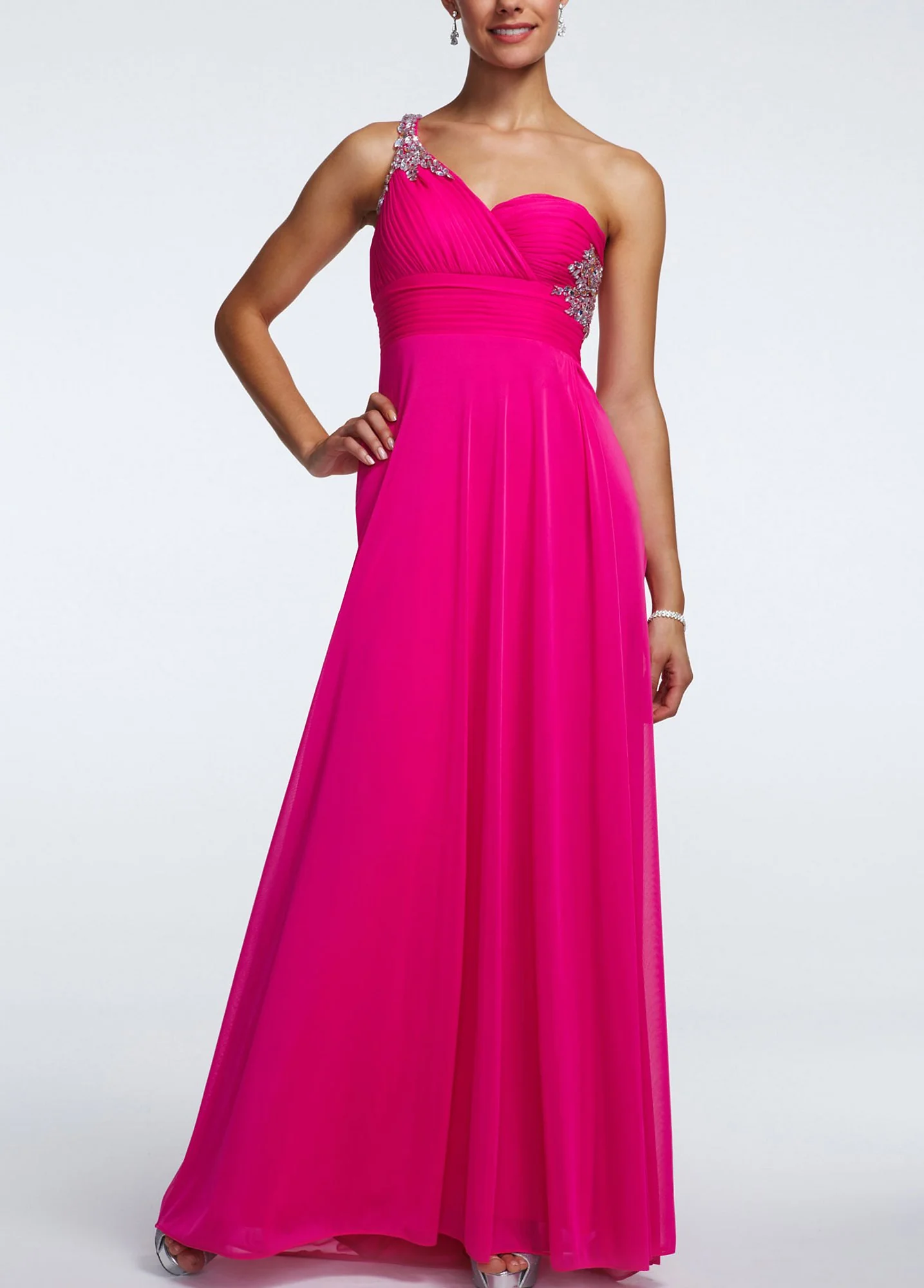 One Shoulder Long Chiffon Dress with Beaded Detail