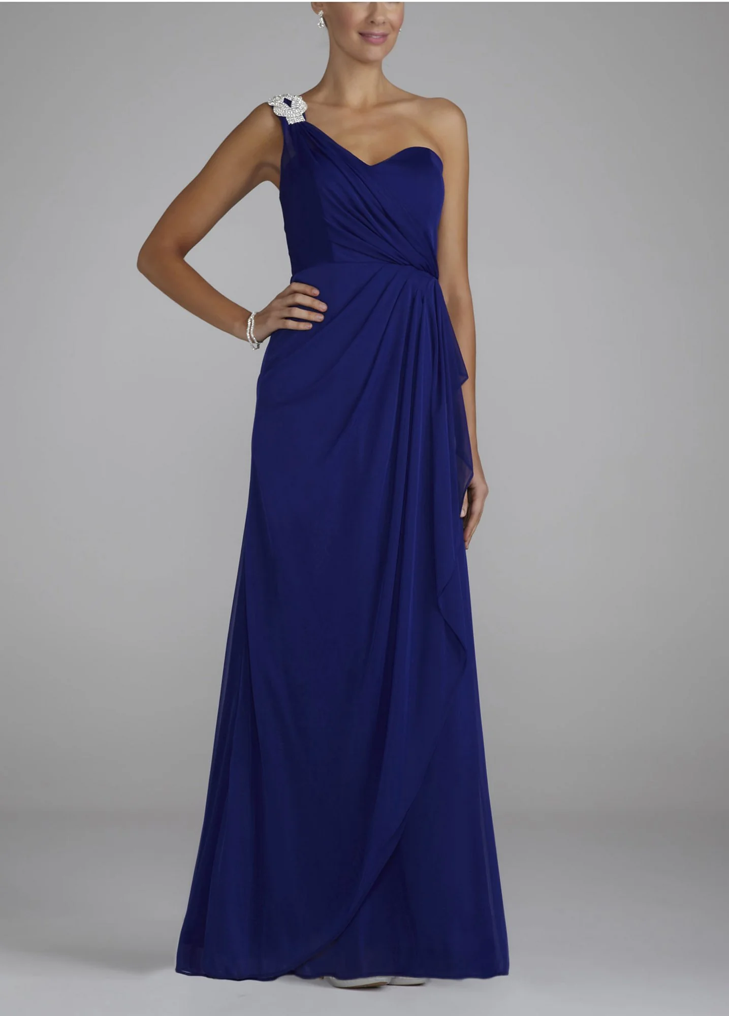 One Shoulder Long Sheer Dress with Jeweled Trim