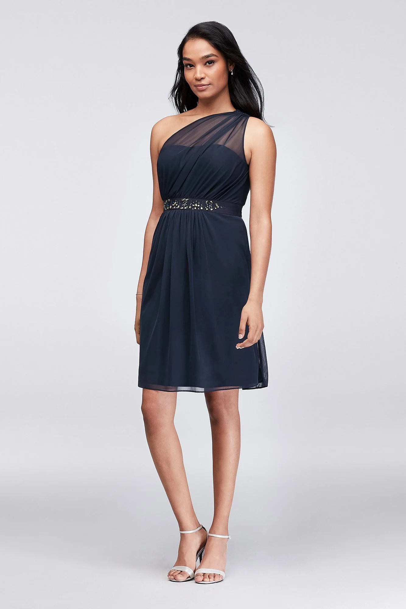 One-Shoulder Mesh Bridesmaid Dress with Beading