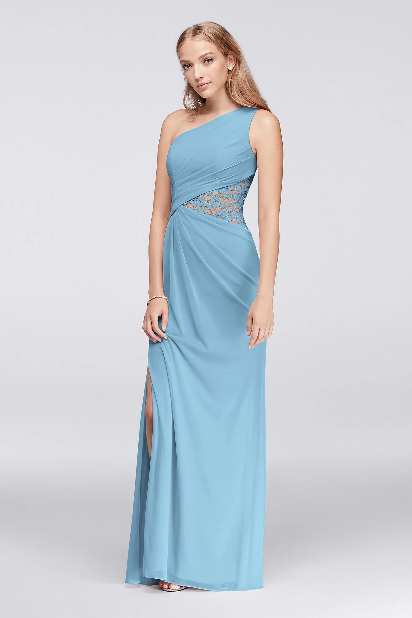One-Shoulder Mesh Dress with Lace Inset