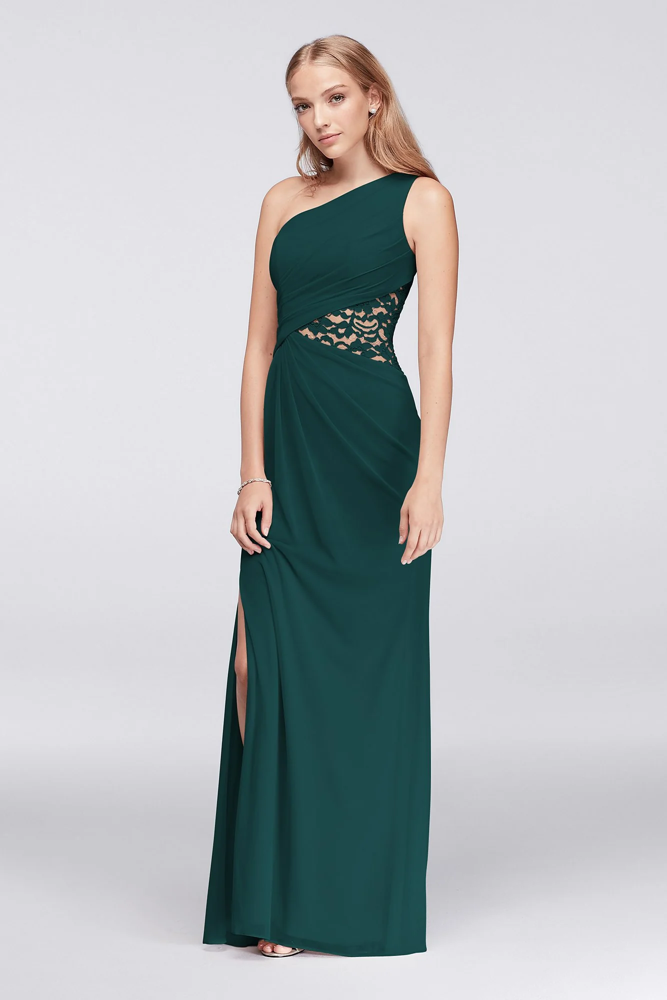 One-Shoulder Mesh Dress with Lace Inset - Image 103