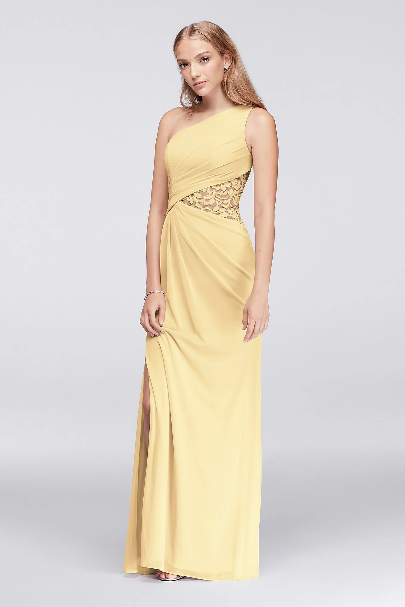 One-Shoulder Mesh Dress with Lace Inset - Image 105