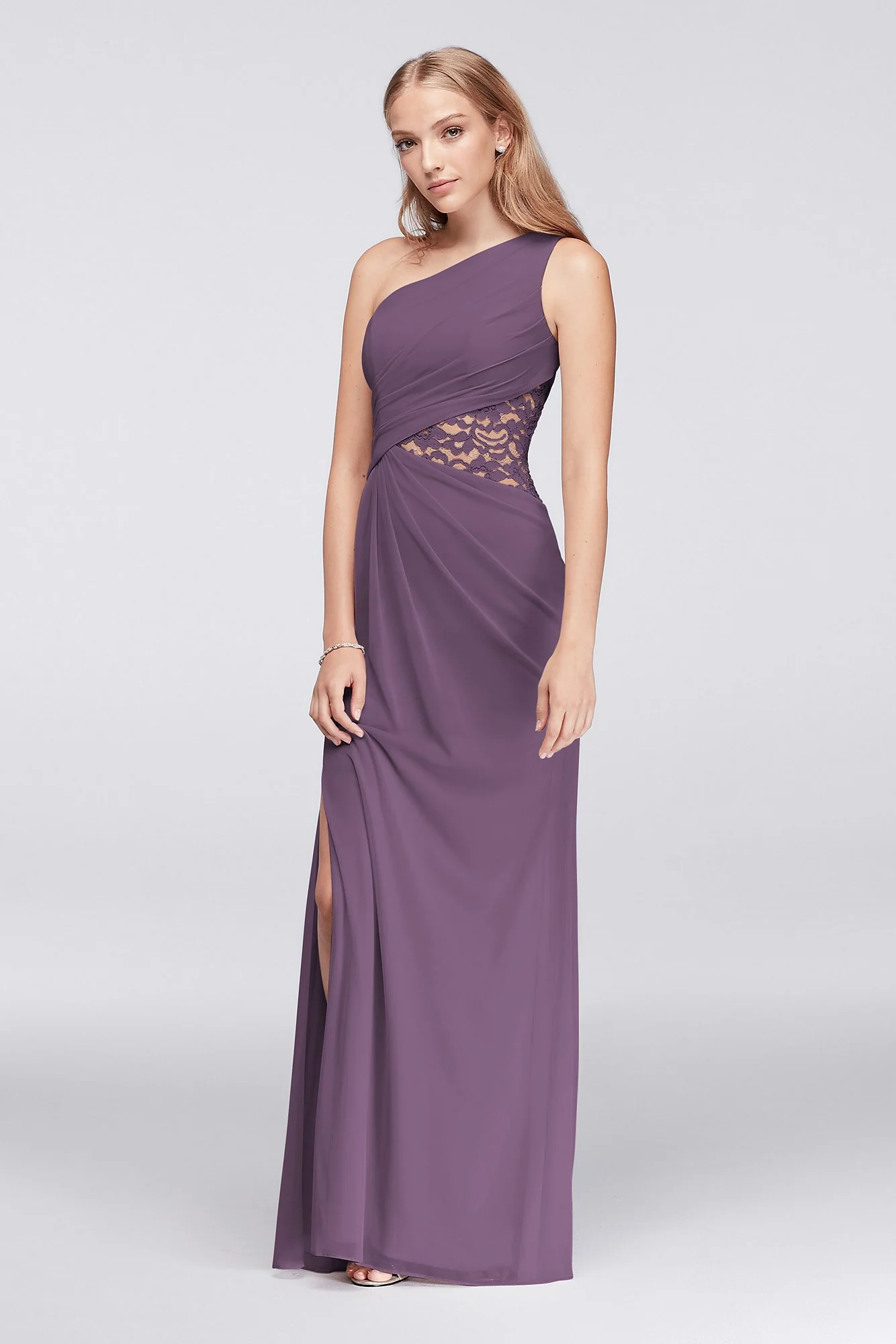 One-Shoulder Mesh Dress with Lace Inset - Image 118