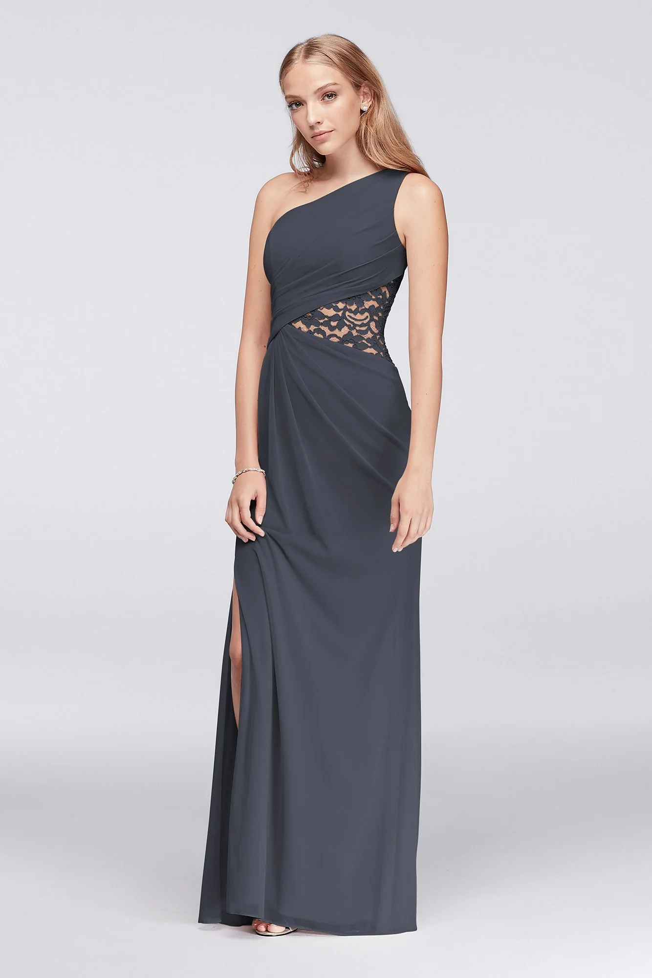 One-Shoulder Mesh Dress with Lace Inset - Image 120