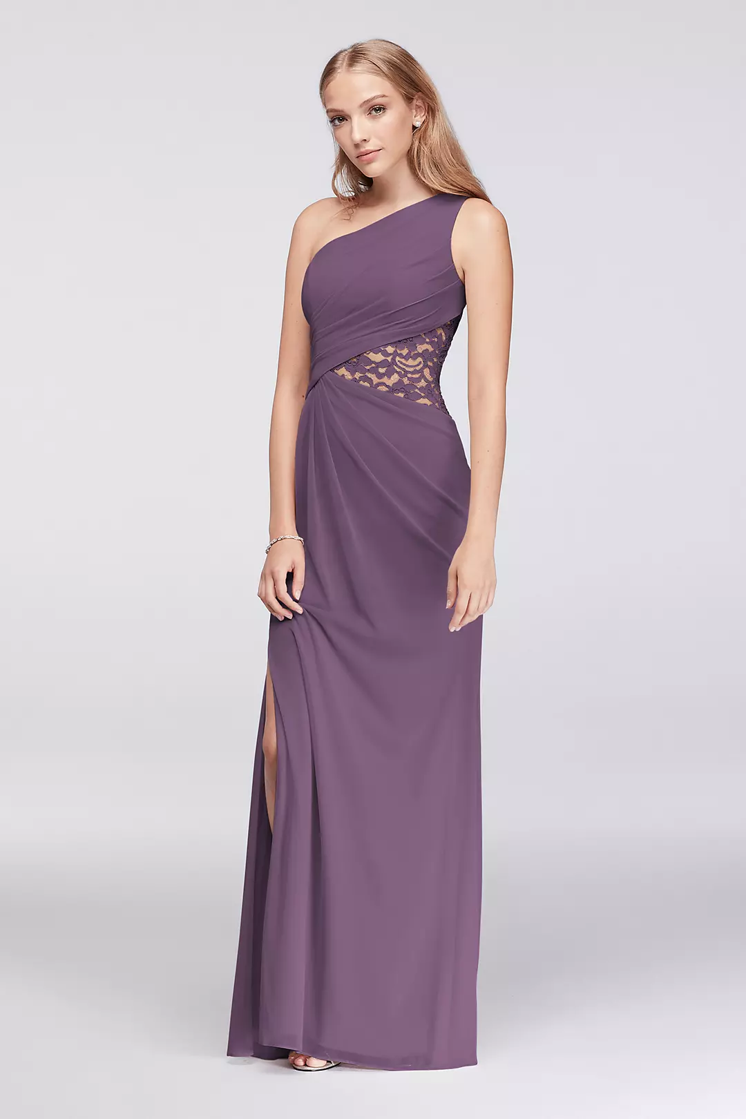 One-Shoulder Mesh Dress with Lace Inset - Image 123