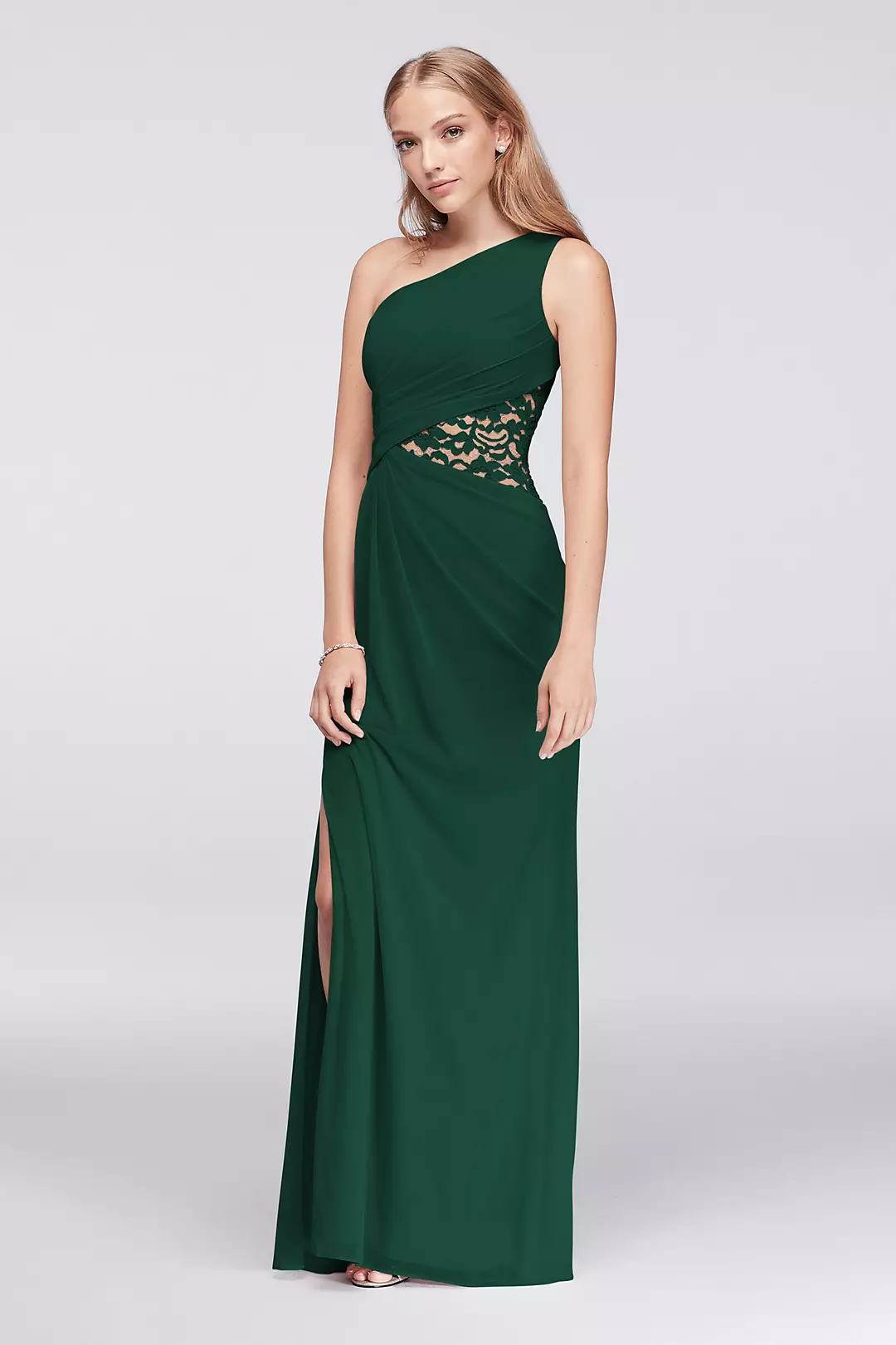 One-Shoulder Mesh Dress with Lace Inset - Image 128