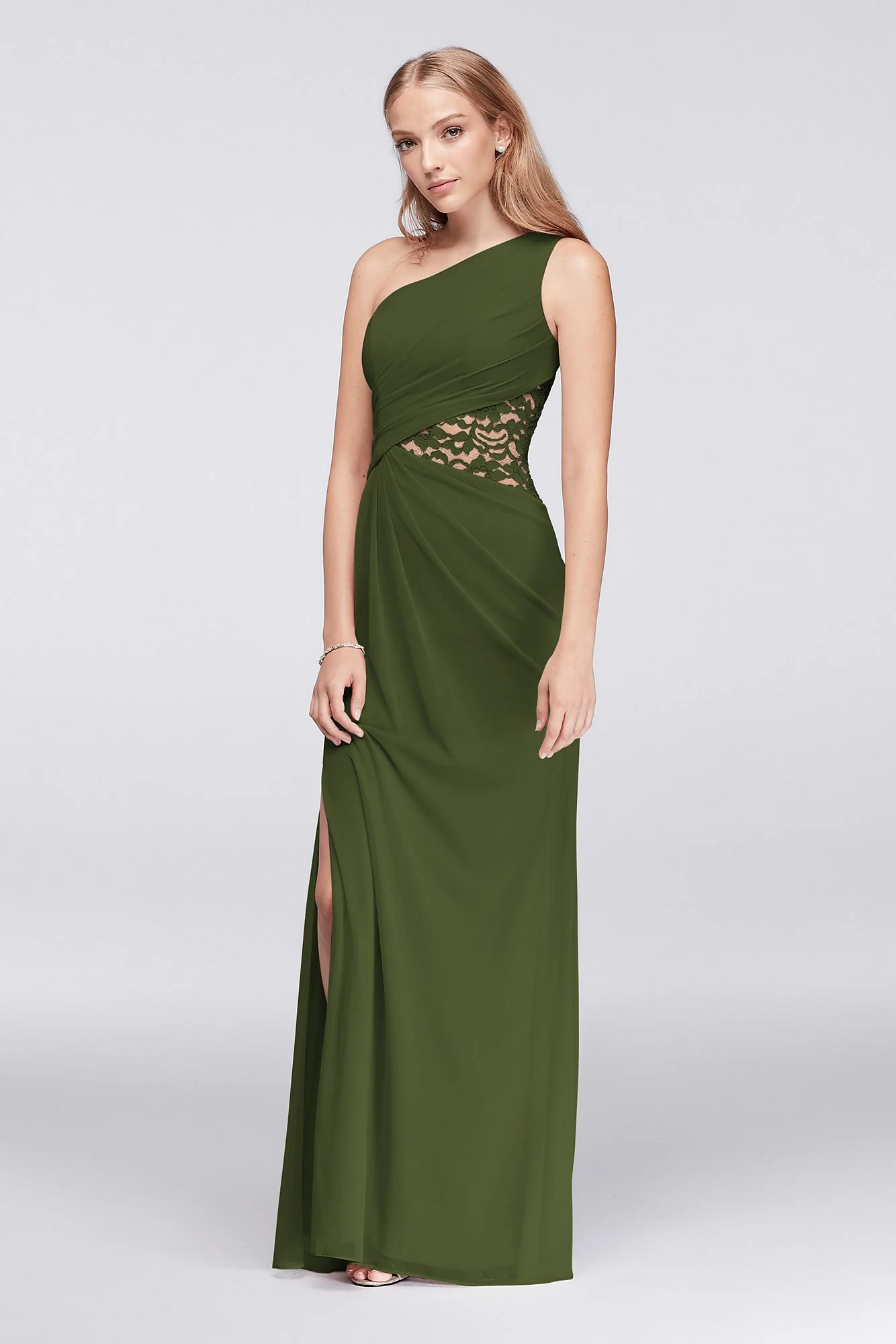 One-Shoulder Mesh Dress with Lace Inset - Image 13