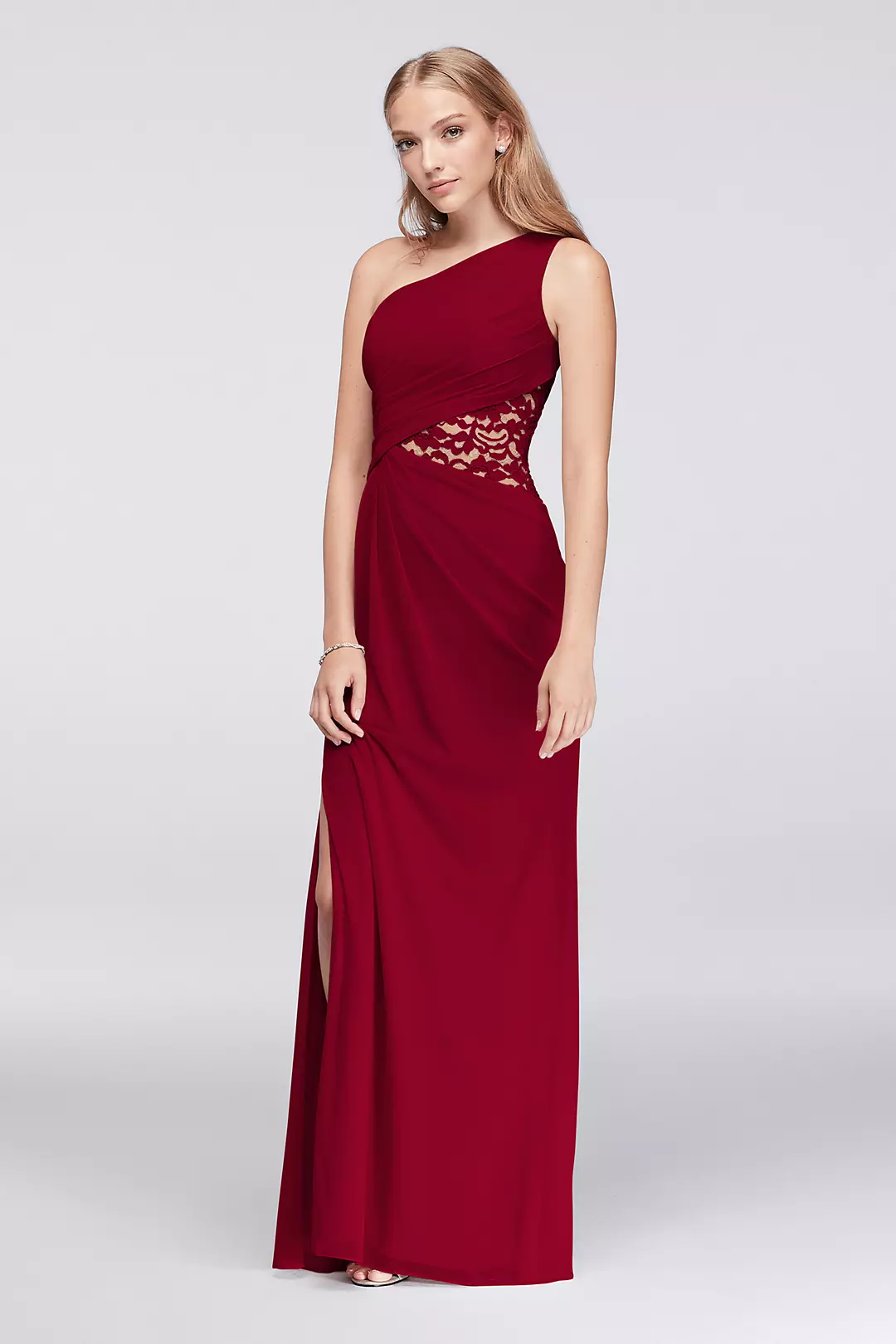 One-Shoulder Mesh Dress with Lace Inset - Image 132