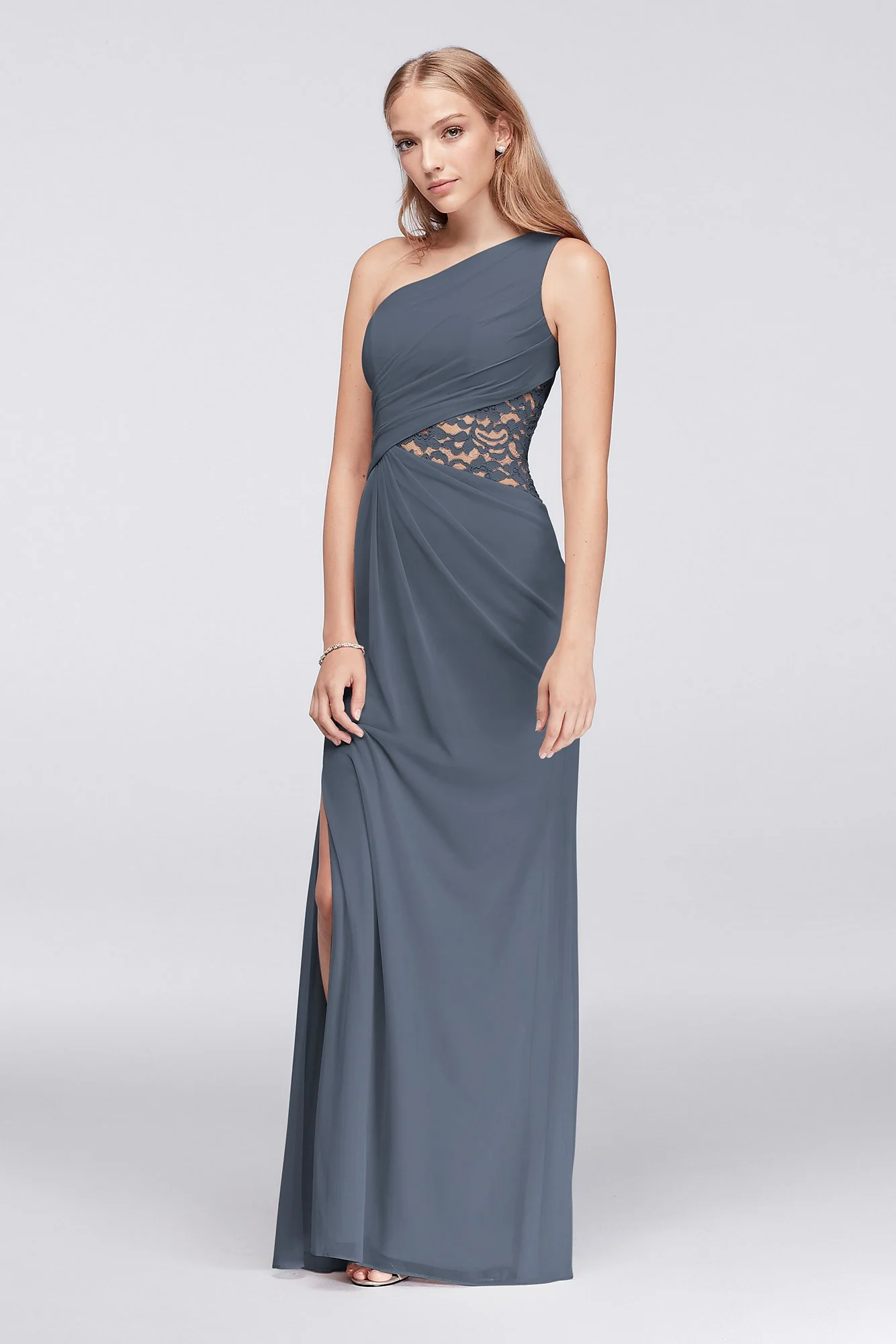 One-Shoulder Mesh Dress with Lace Inset - Image 20