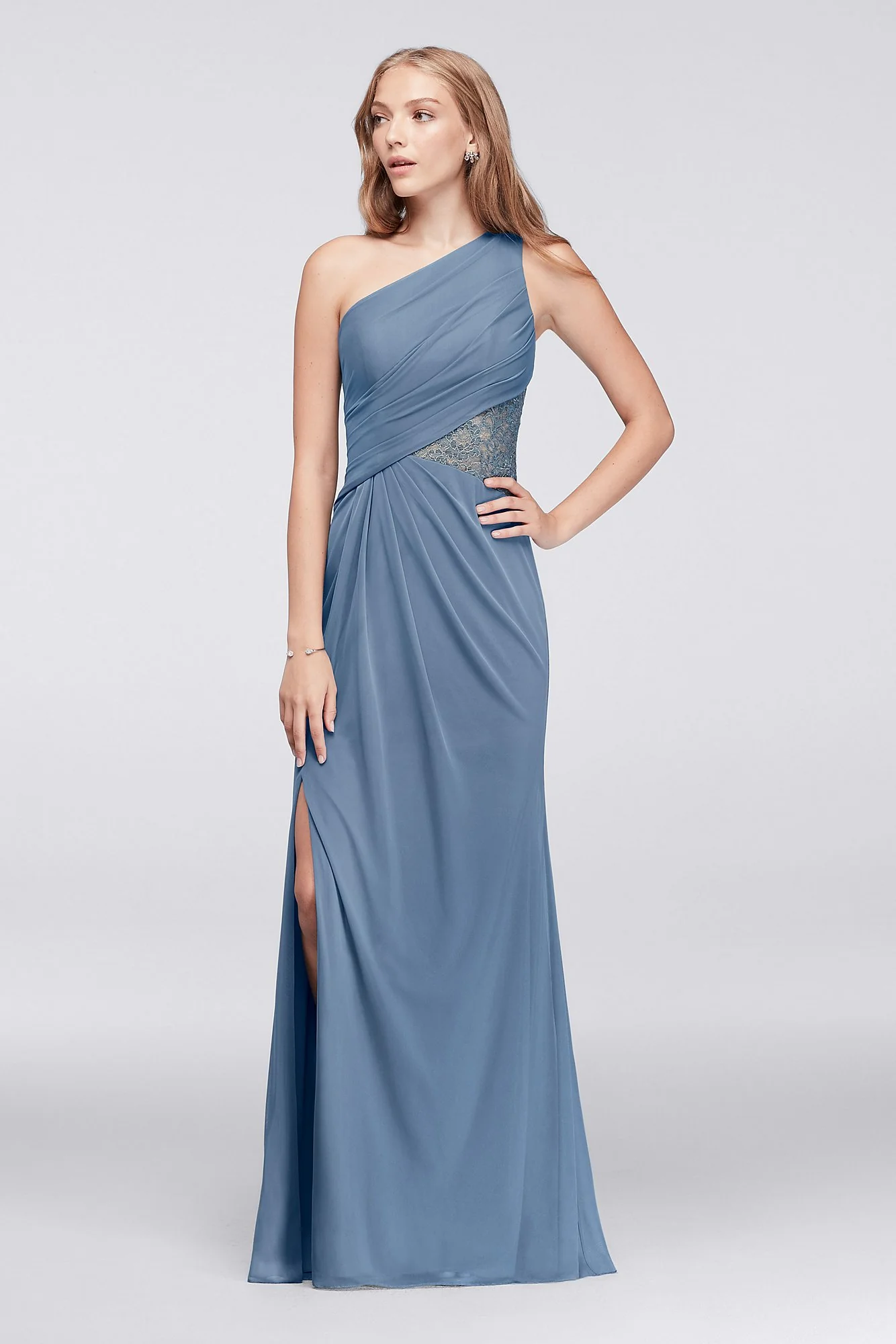 One-Shoulder Mesh Dress with Lace Inset - Image 24