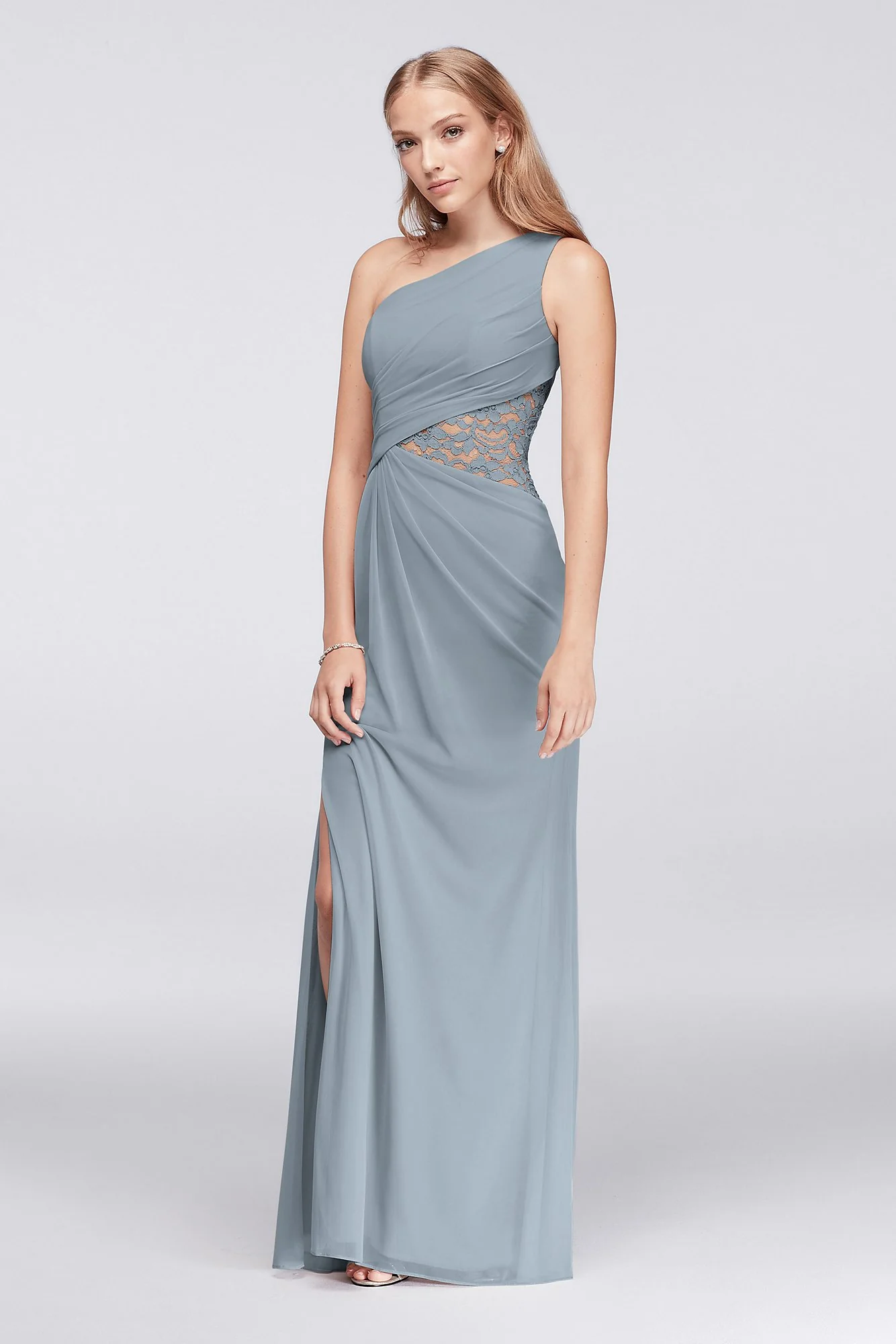 One-Shoulder Mesh Dress with Lace Inset - Image 29