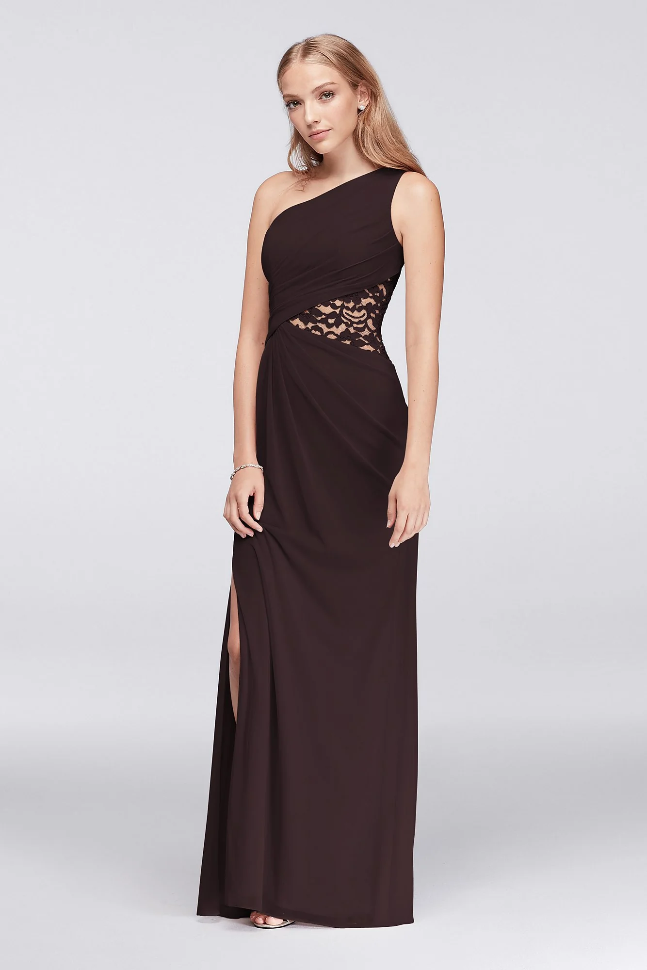 One-Shoulder Mesh Dress with Lace Inset - Image 39