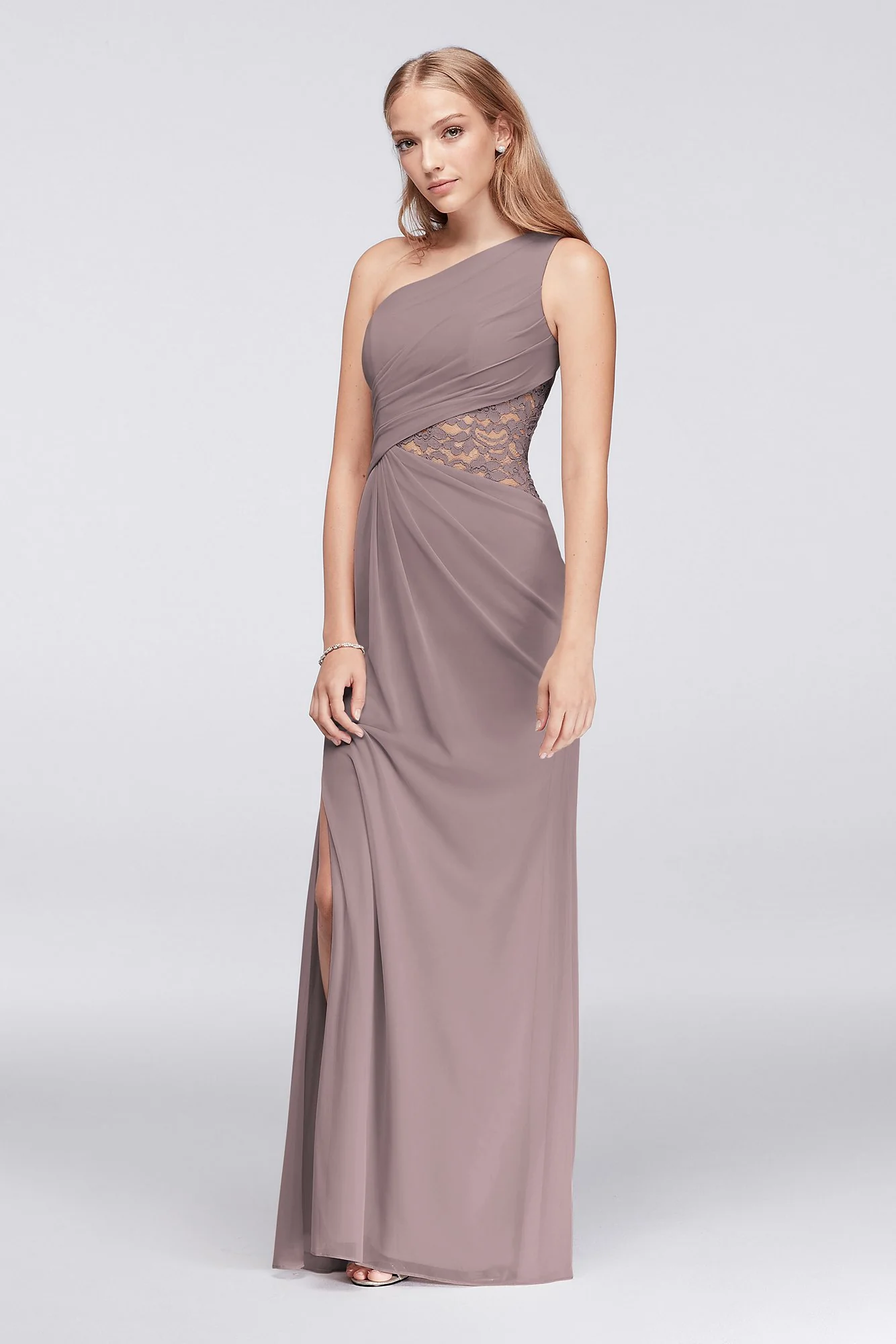 One-Shoulder Mesh Dress with Lace Inset - Image 4
