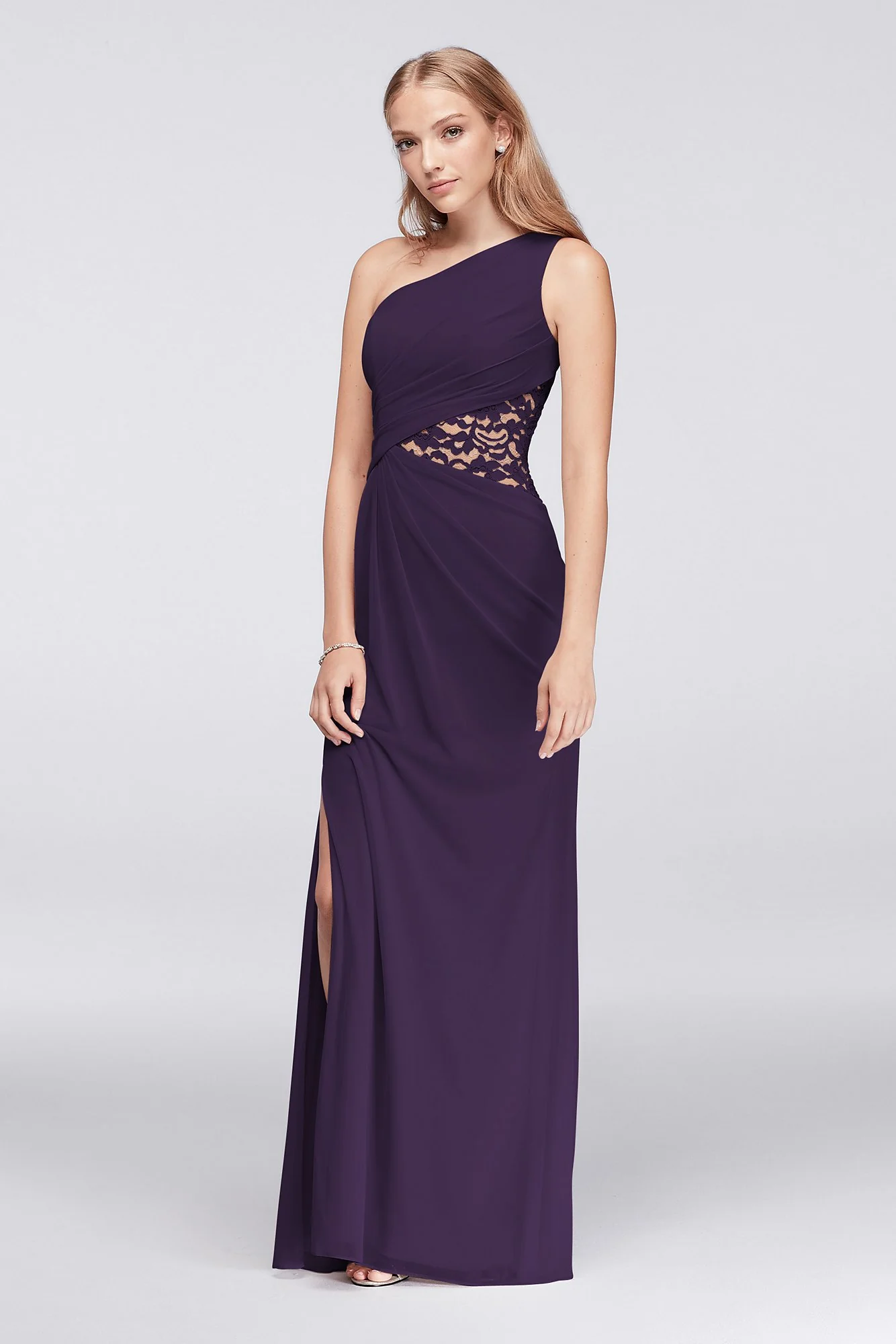 One-Shoulder Mesh Dress with Lace Inset - Image 42