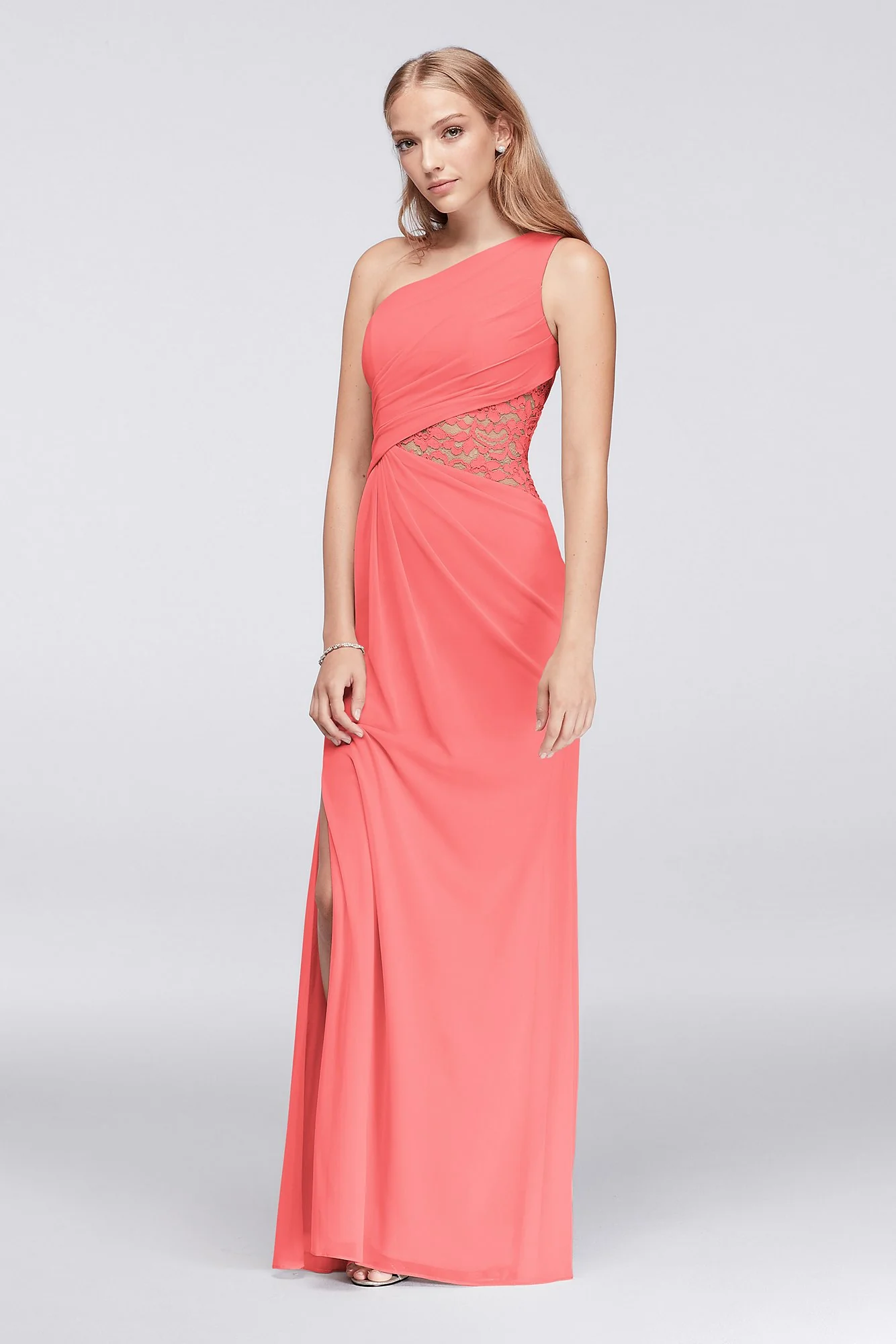 One-Shoulder Mesh Dress with Lace Inset - Image 43