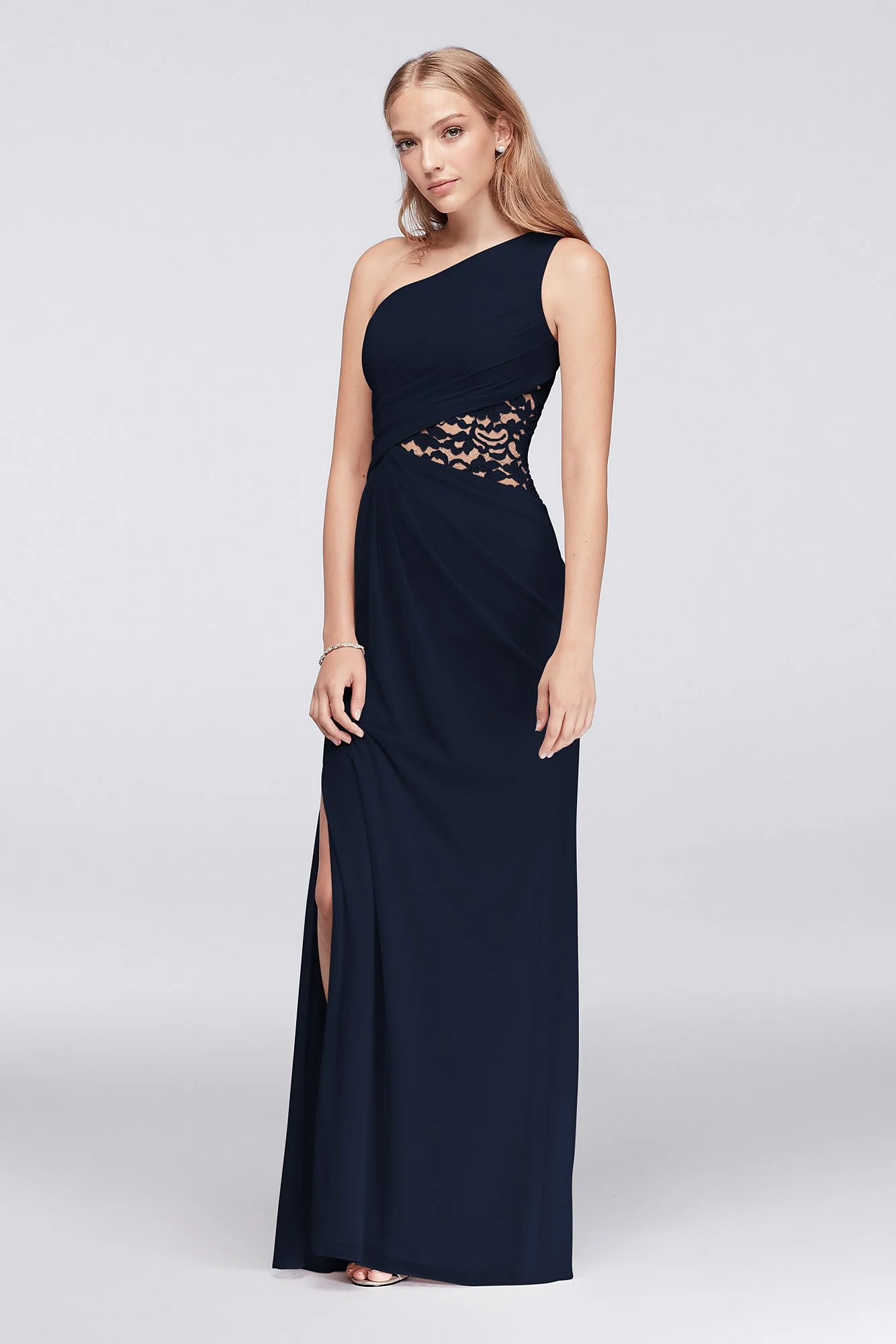One-Shoulder Mesh Dress with Lace Inset - Image 56