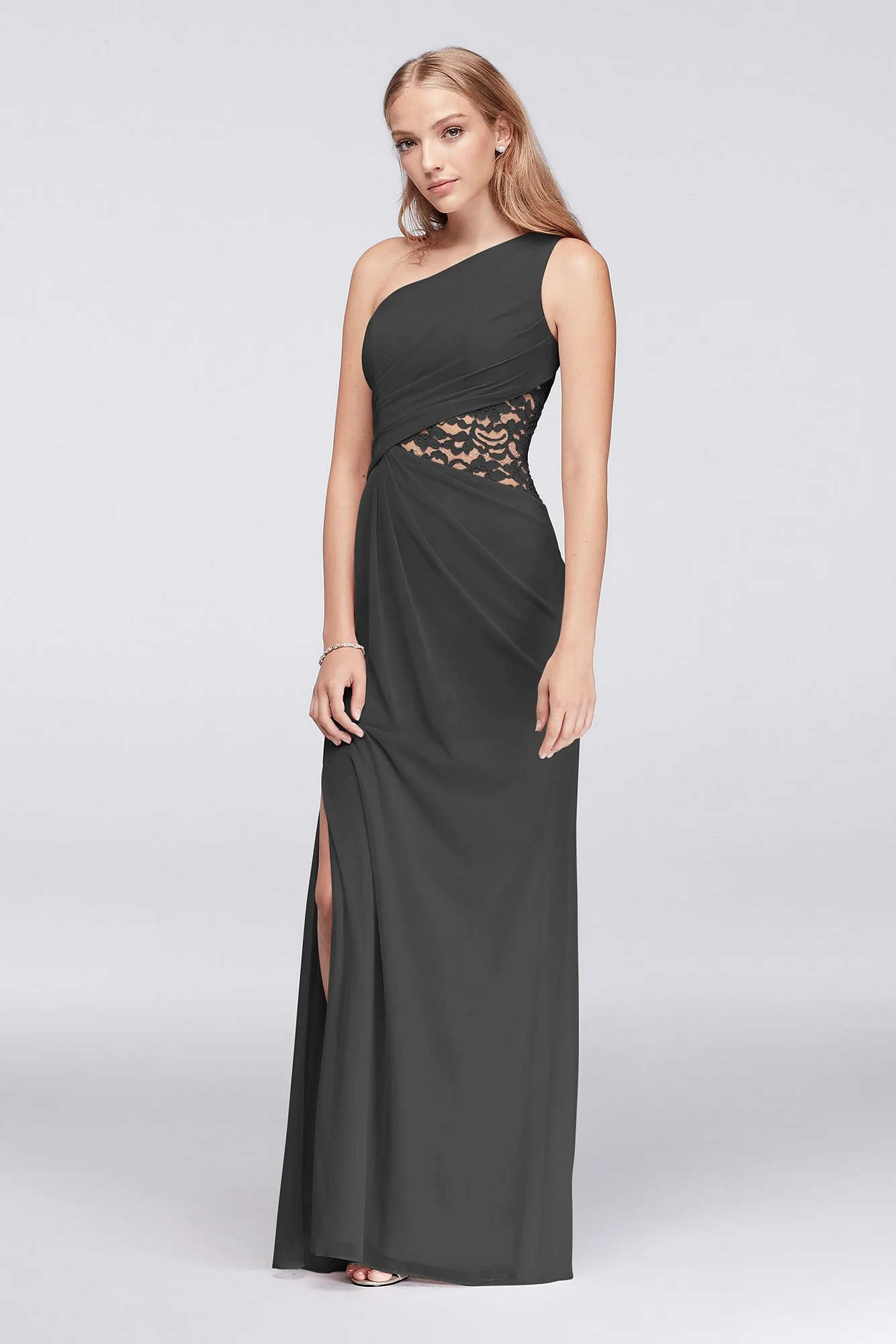 One-Shoulder Mesh Dress with Lace Inset - Image 57
