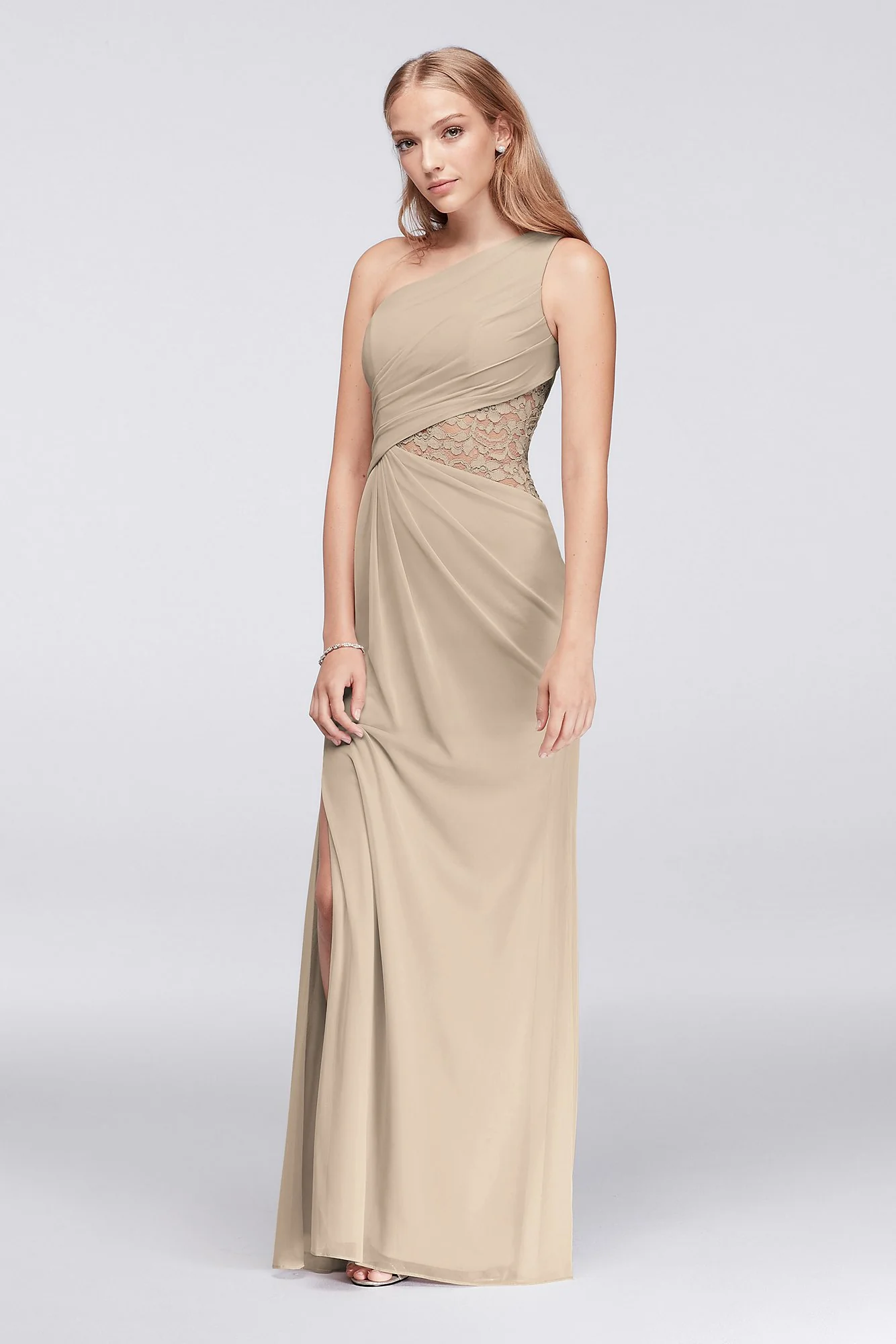 One-Shoulder Mesh Dress with Lace Inset - Image 60