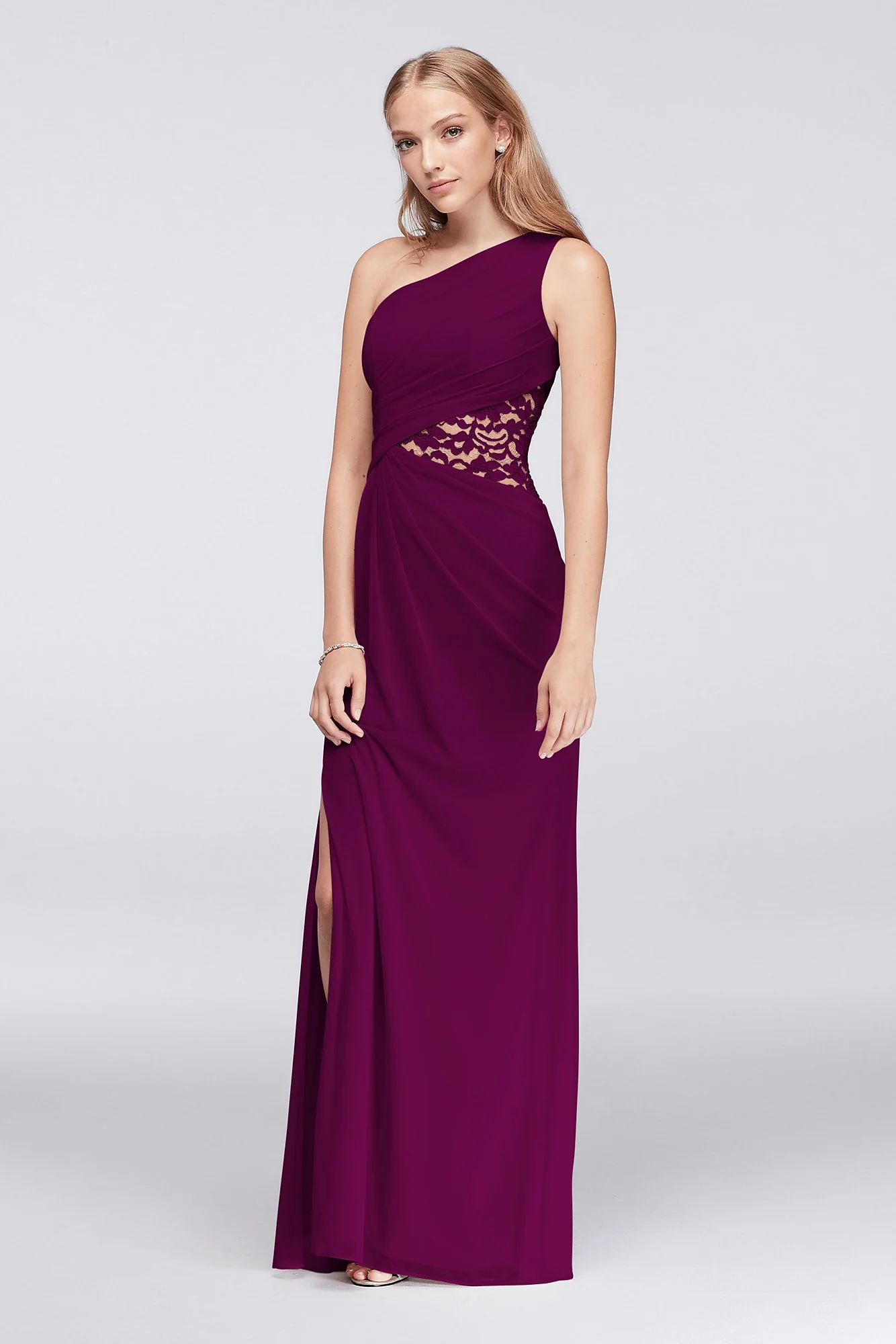 One-Shoulder Mesh Dress with Lace Inset - Image 61