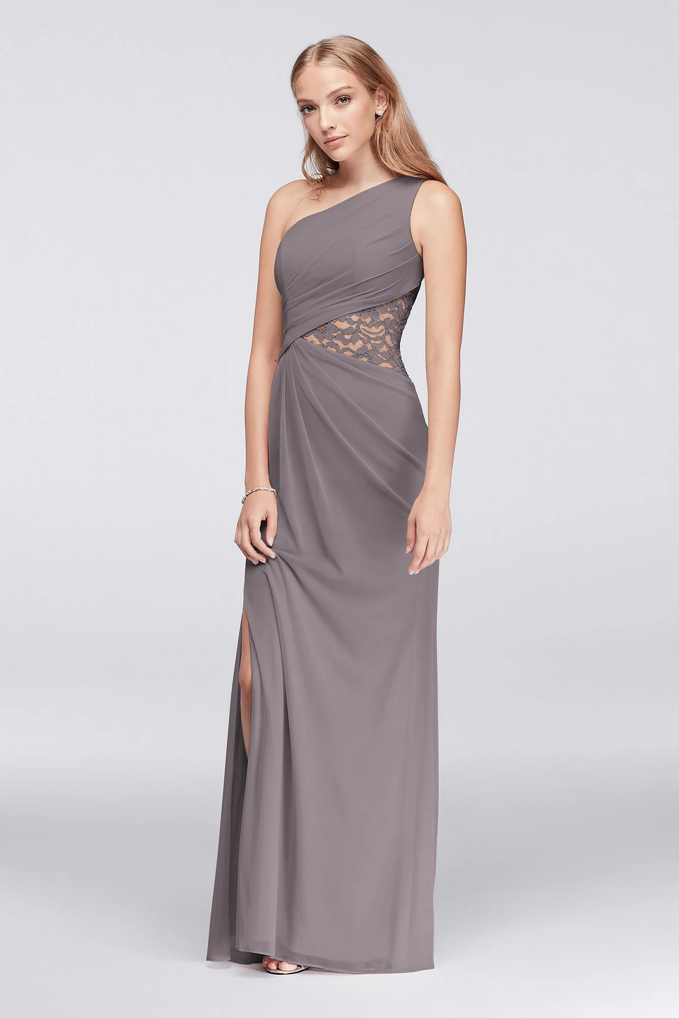 One-Shoulder Mesh Dress with Lace Inset - Image 64