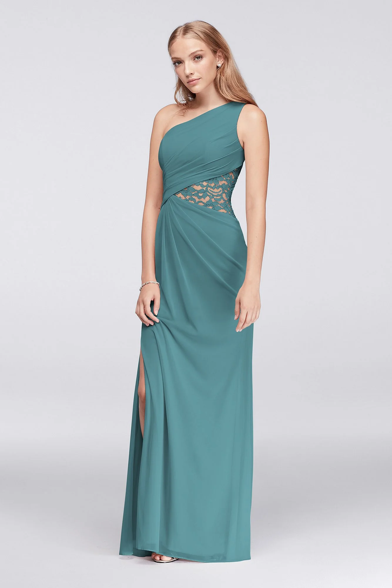One-Shoulder Mesh Dress with Lace Inset - Image 7