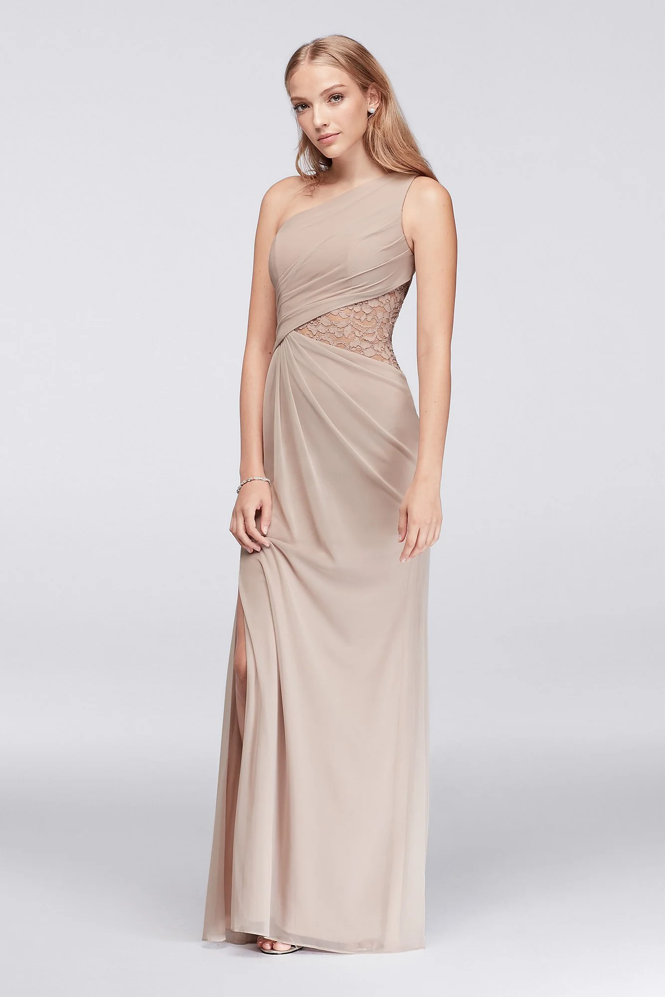 One-Shoulder Mesh Dress with Lace Inset - Image 70