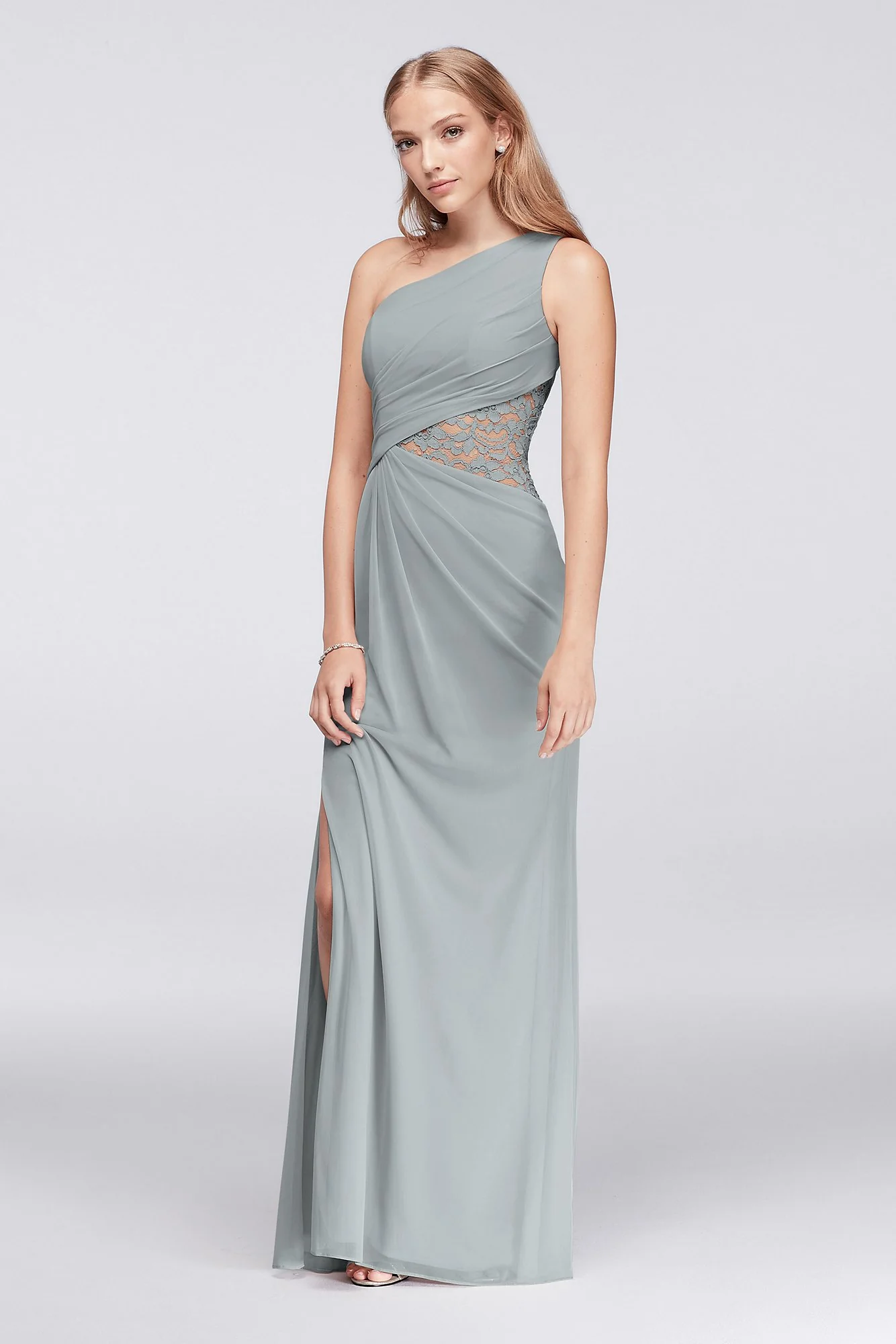 One-Shoulder Mesh Dress with Lace Inset - Image 76