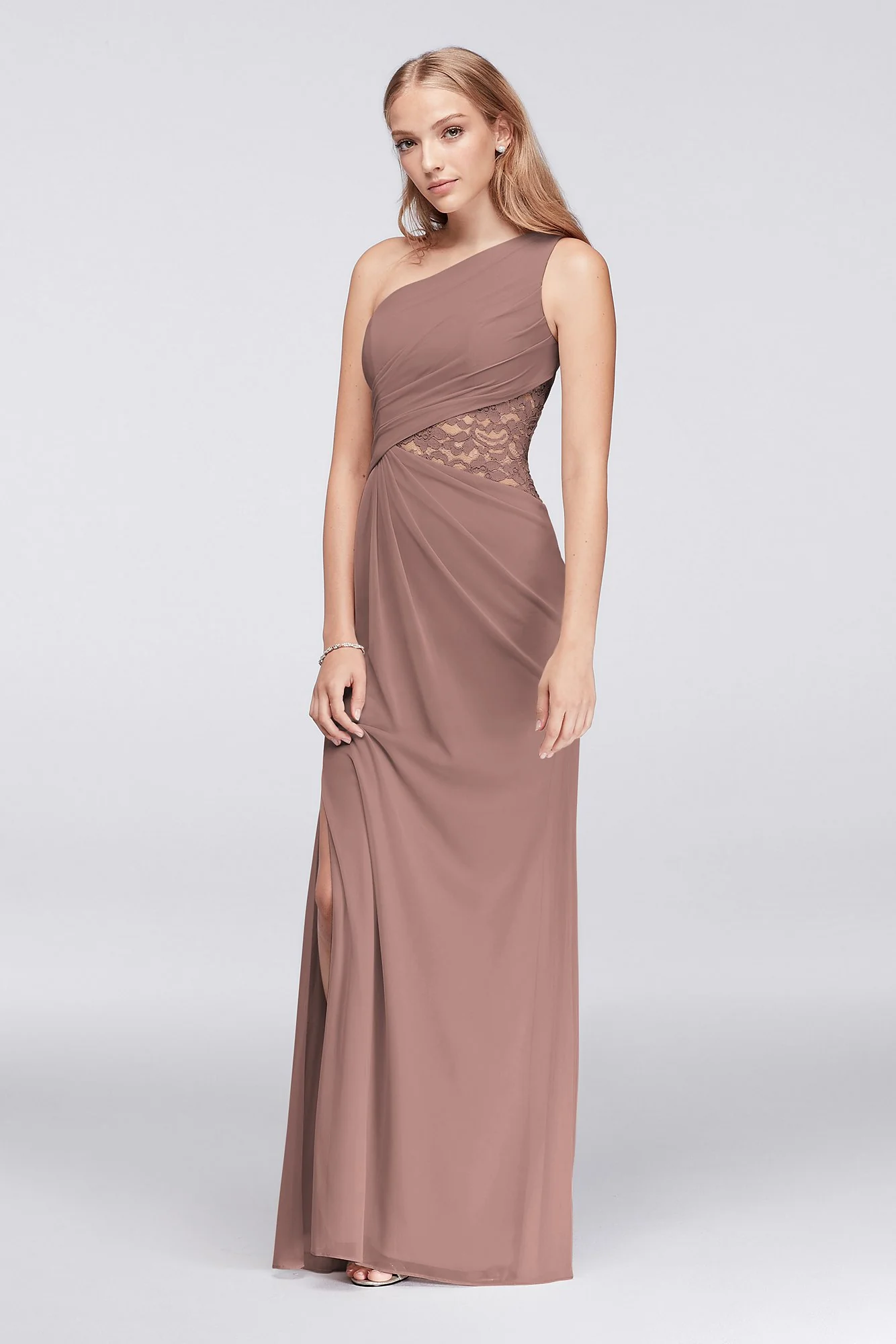 One-Shoulder Mesh Dress with Lace Inset - Image 79