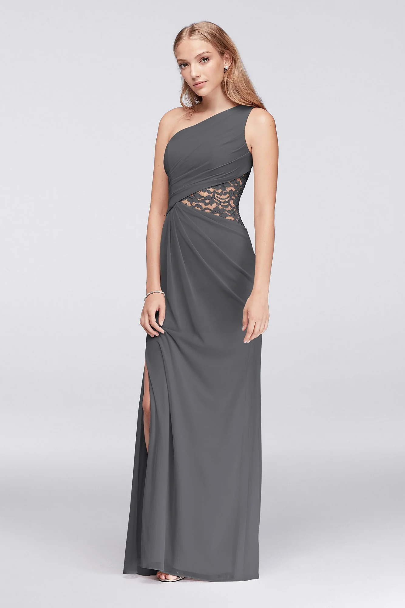 One-Shoulder Mesh Dress with Lace Inset - Image 80