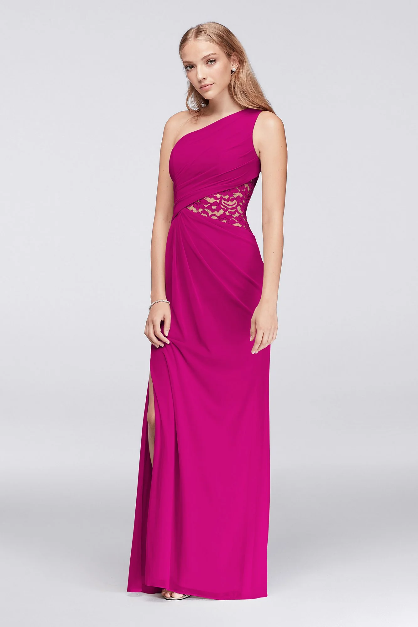 One-Shoulder Mesh Dress with Lace Inset - Image 85