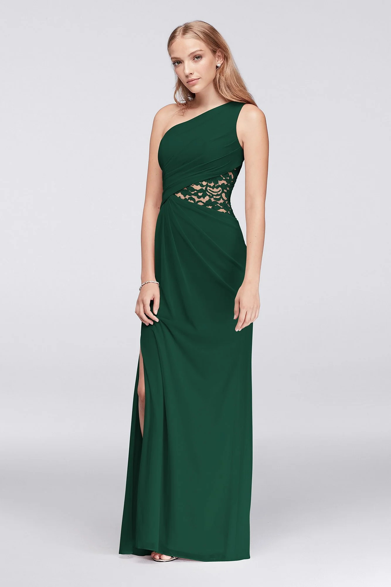 One-Shoulder Mesh Dress with Lace Inset - Image 92