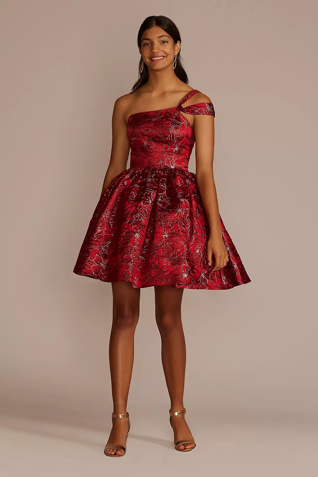 One-Shoulder Floral Brocade Damas Dress - Image 3