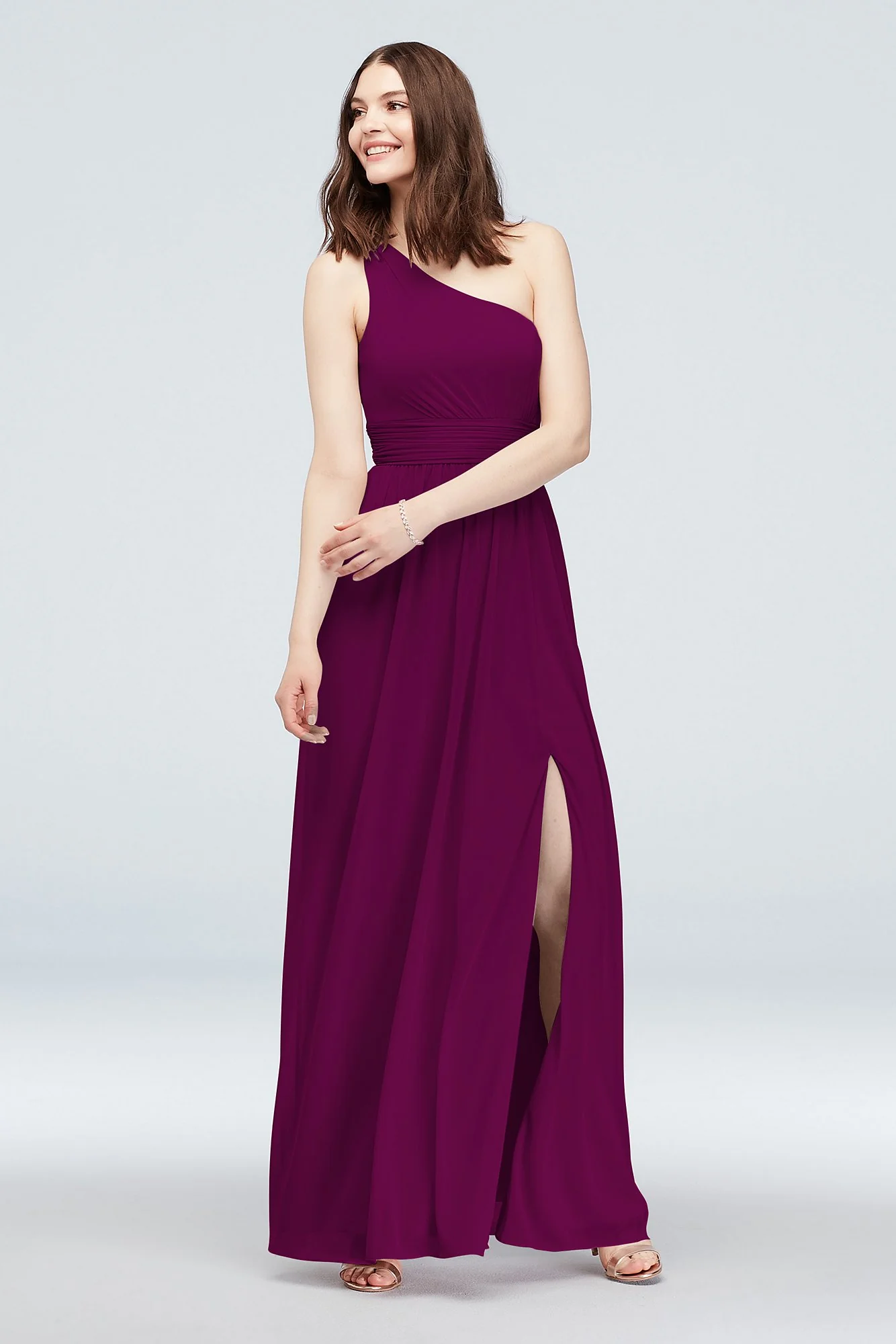 One Shoulder Ruched Waist Mesh Bridesmaid Dress - Image 100