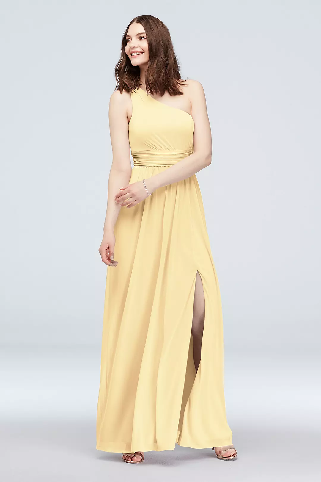 One Shoulder Ruched Waist Mesh Bridesmaid Dress - Image 102