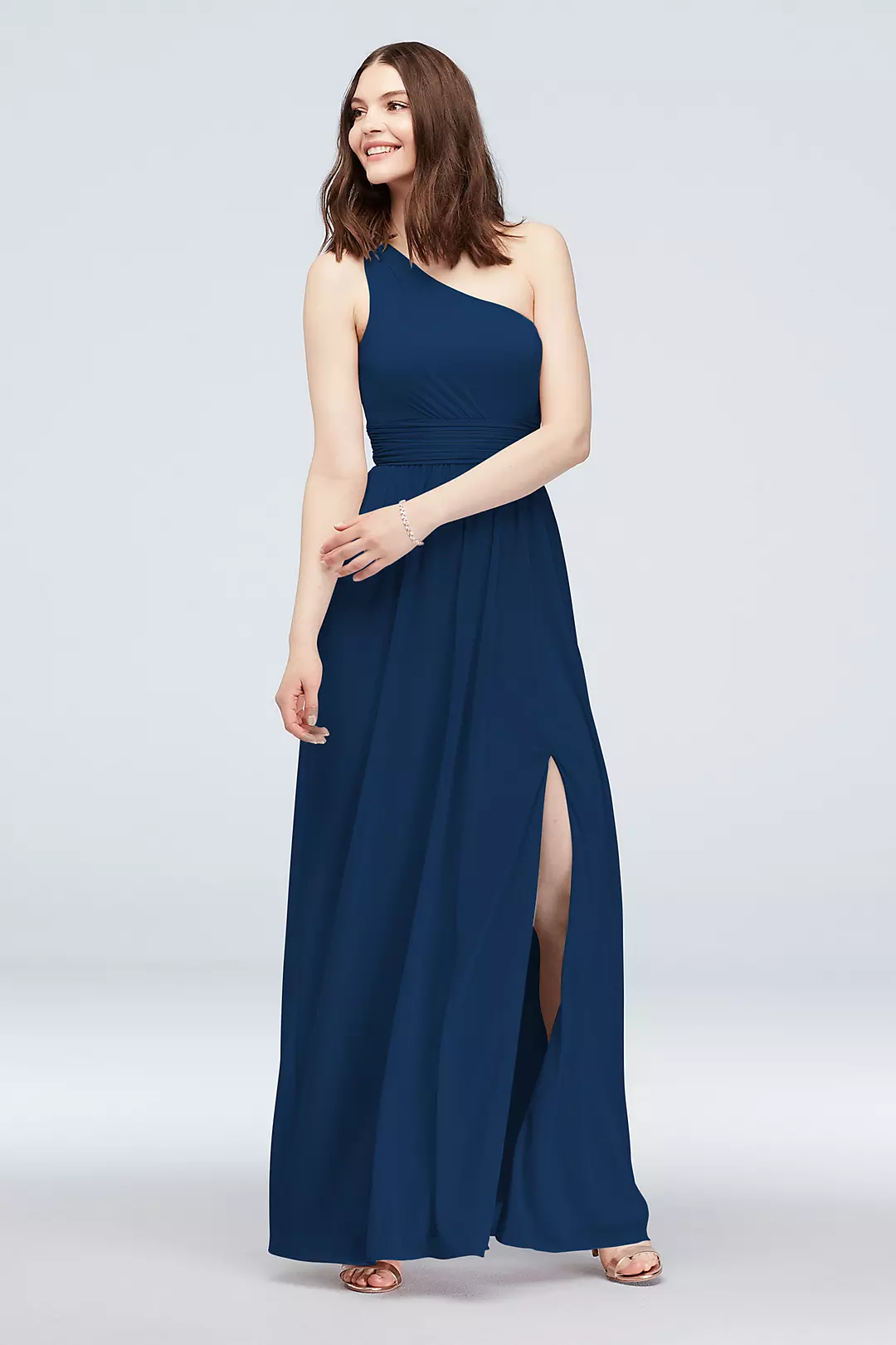 One Shoulder Ruched Waist Mesh Bridesmaid Dress - Image 103