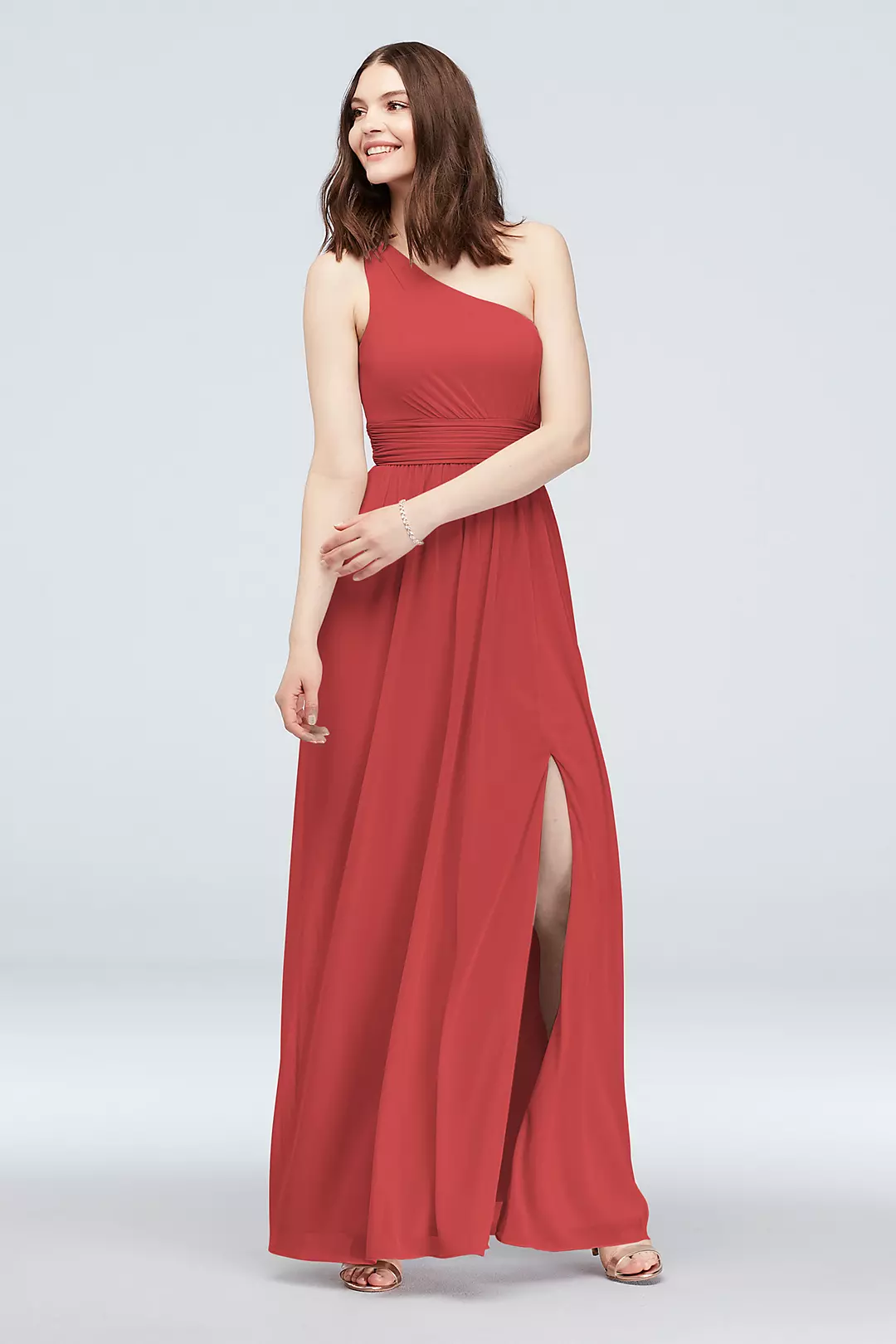 One Shoulder Ruched Waist Mesh Bridesmaid Dress - Image 104