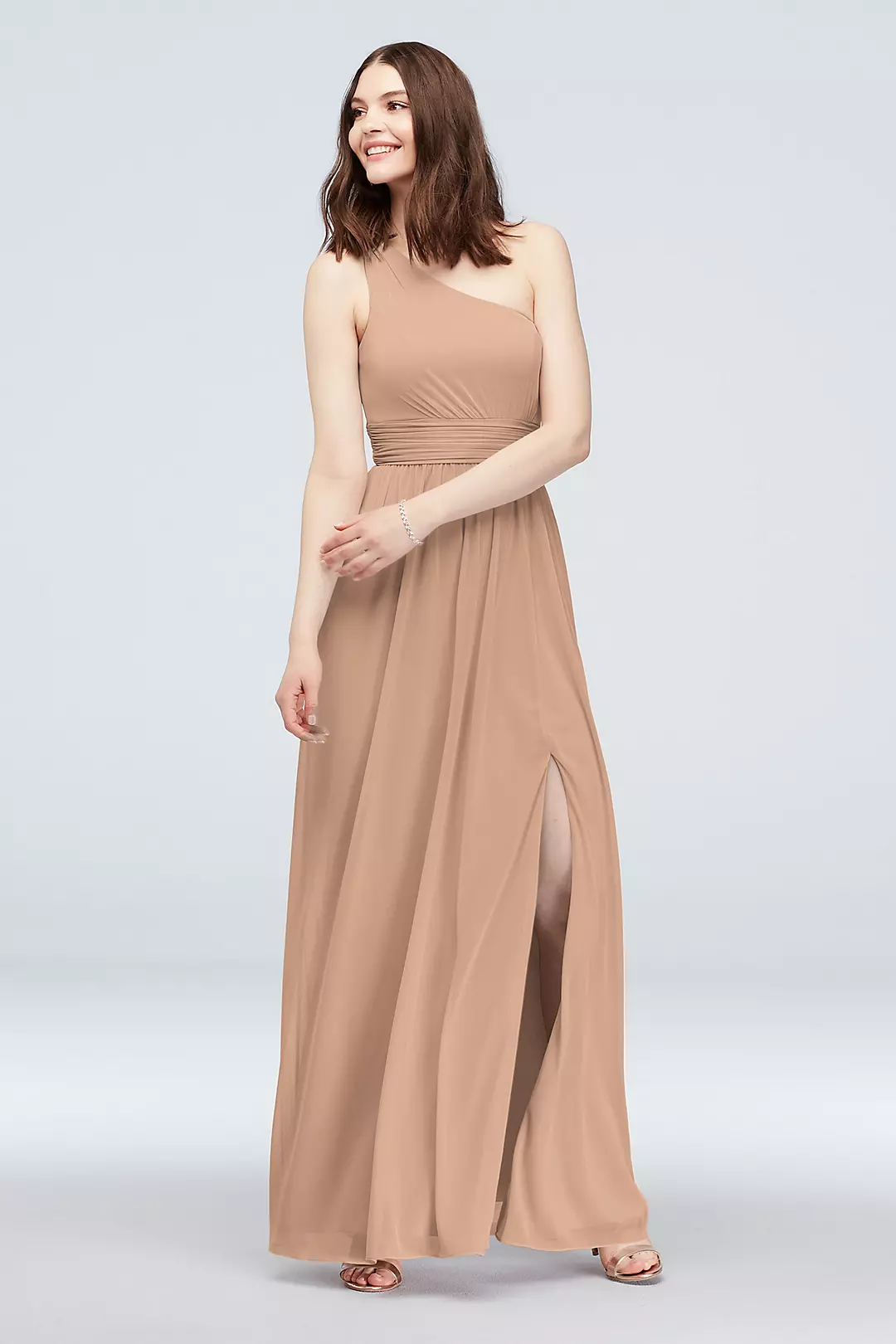 One Shoulder Ruched Waist Mesh Bridesmaid Dress - Image 105