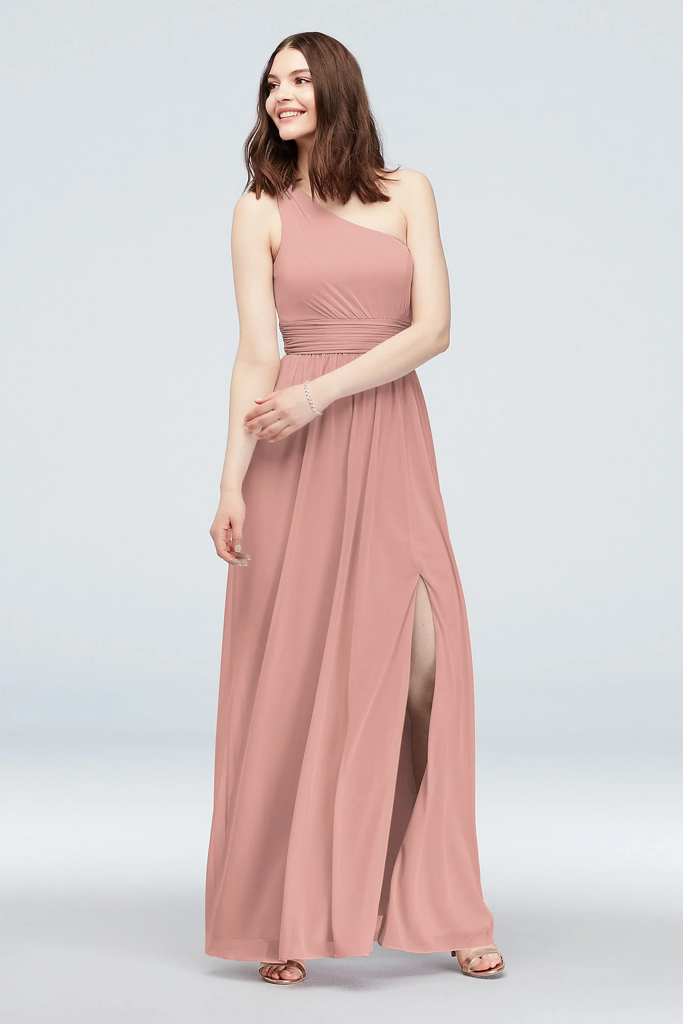 One Shoulder Ruched Waist Mesh Bridesmaid Dress - Image 11