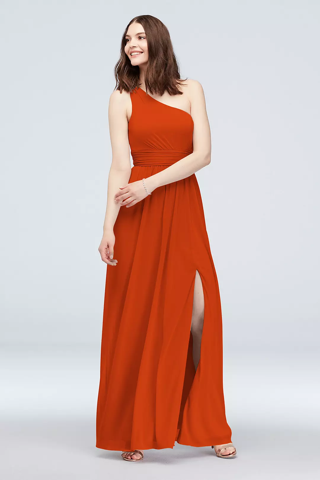 One Shoulder Ruched Waist Mesh Bridesmaid Dress - Image 110