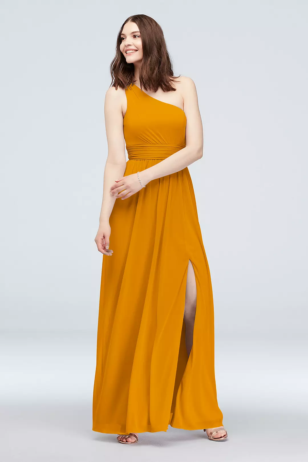 One Shoulder Ruched Waist Mesh Bridesmaid Dress - Image 116