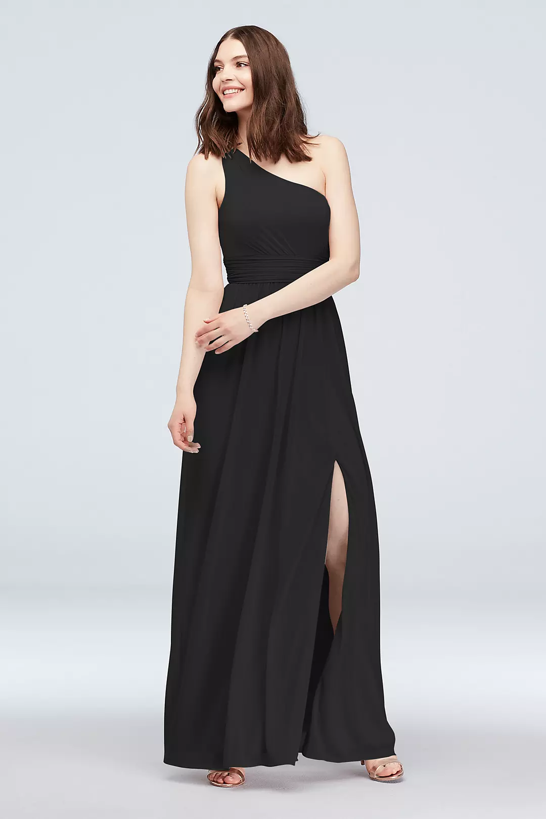 One Shoulder Ruched Waist Mesh Bridesmaid Dress - Image 117