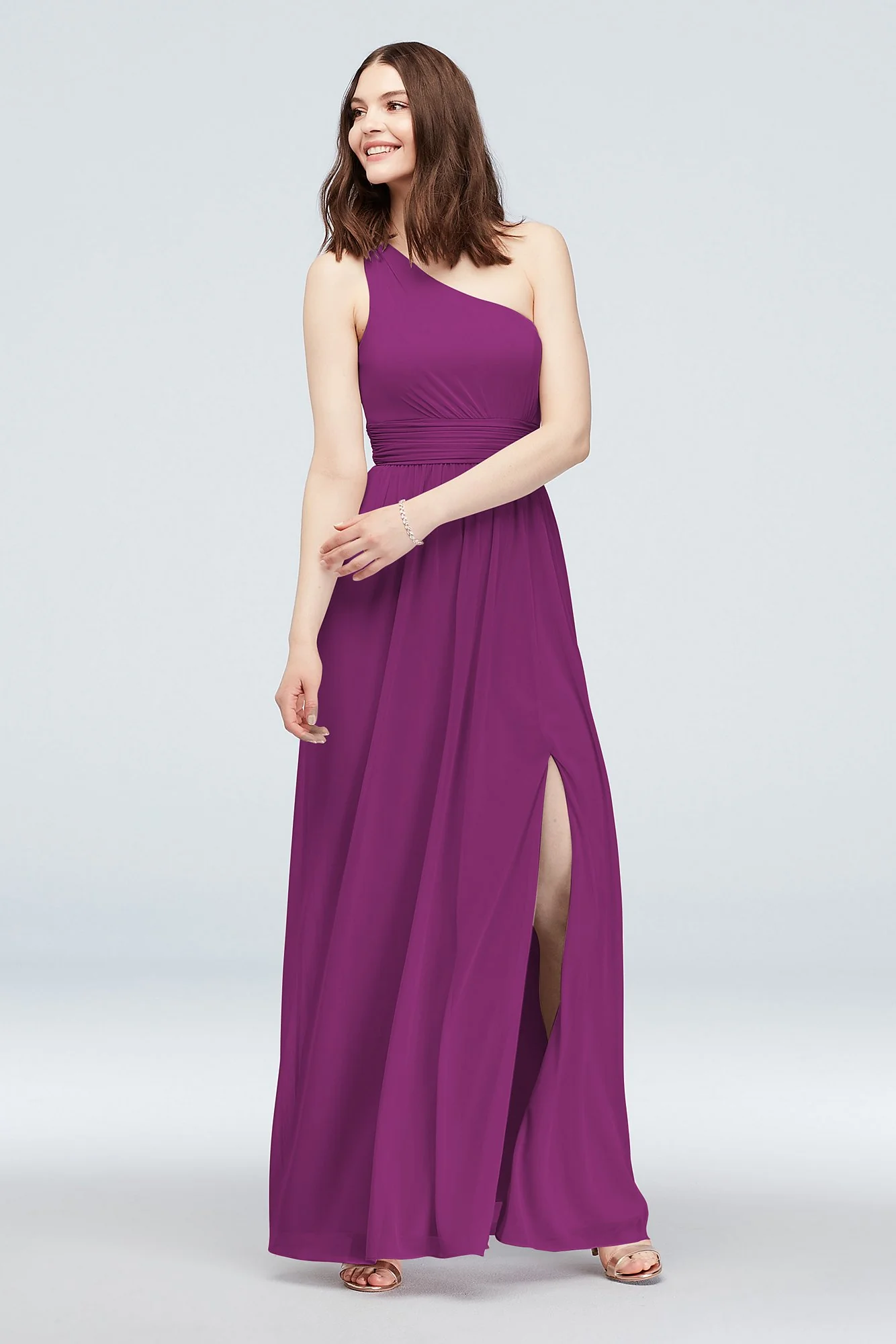 One Shoulder Ruched Waist Mesh Bridesmaid Dress - Image 12