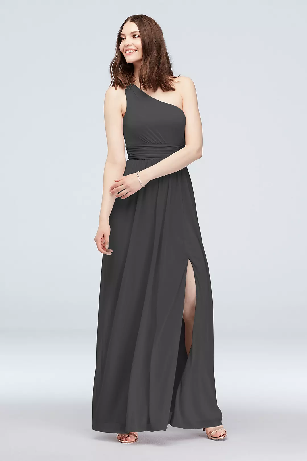 One Shoulder Ruched Waist Mesh Bridesmaid Dress - Image 120